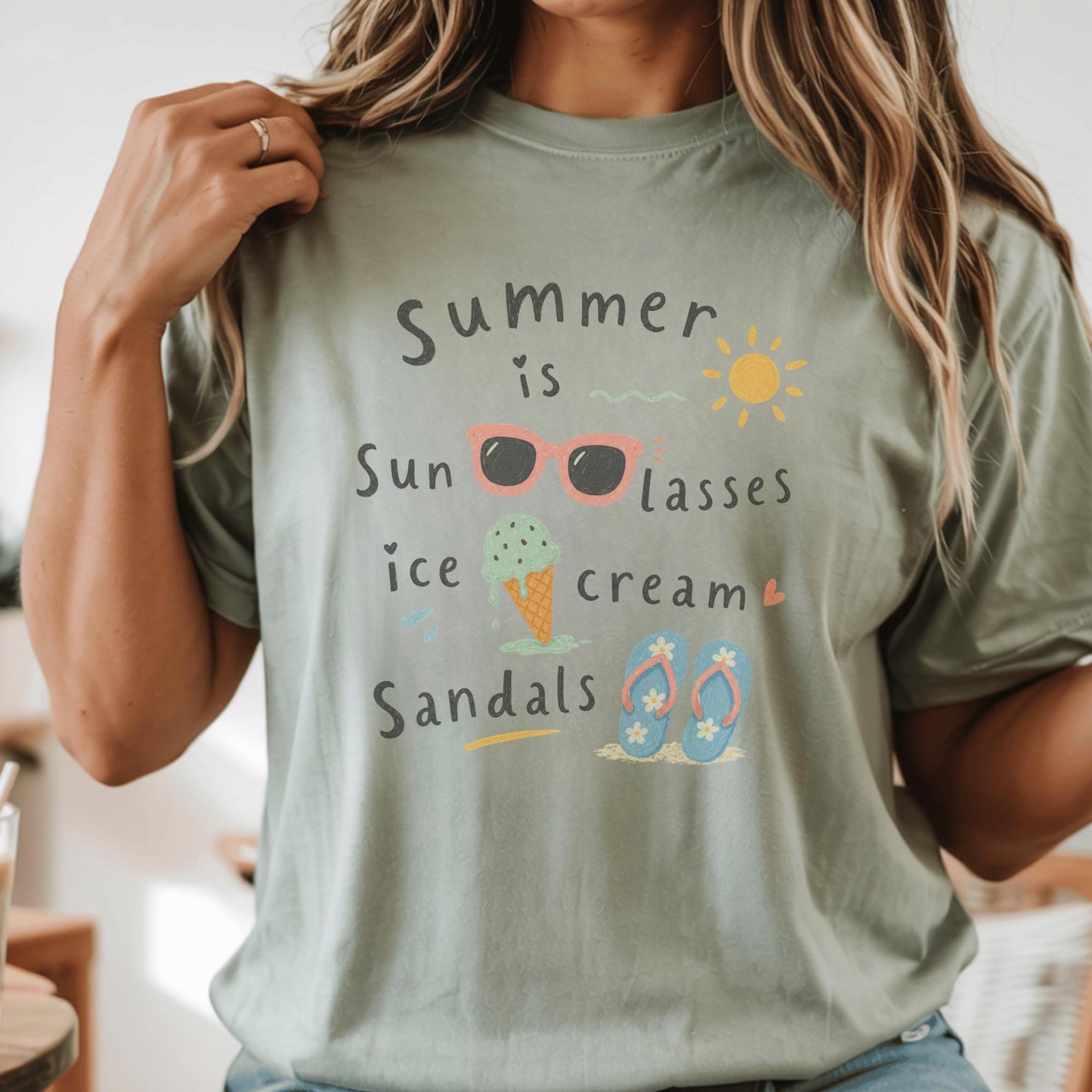 Summer Vibes T-Shirt, Cute Summer Design, Comfort Colors Tee, Sunglasses Sun Ice Cream Sandals, Funny Gift for Summer Lovers