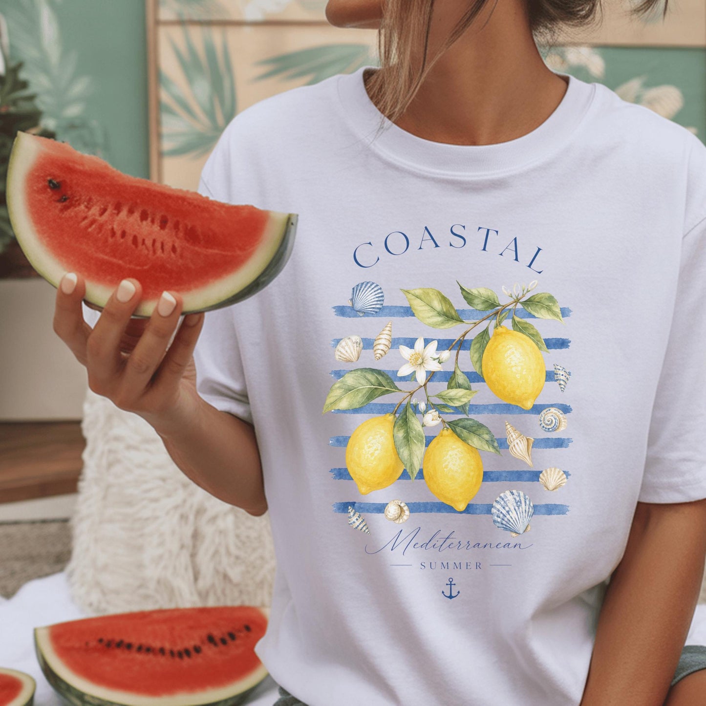 Coastal Lemon Watercolor Tee, Mediterranean Summer Beach Shirt, Nautical Stripes