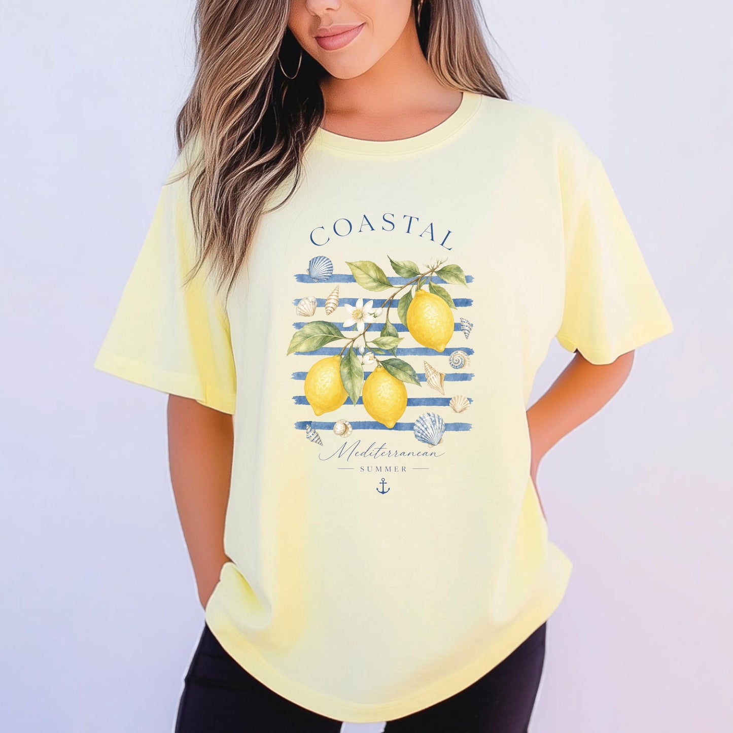 Coastal Lemon Watercolor Tee, Mediterranean Summer Beach Shirt, Nautical Stripes