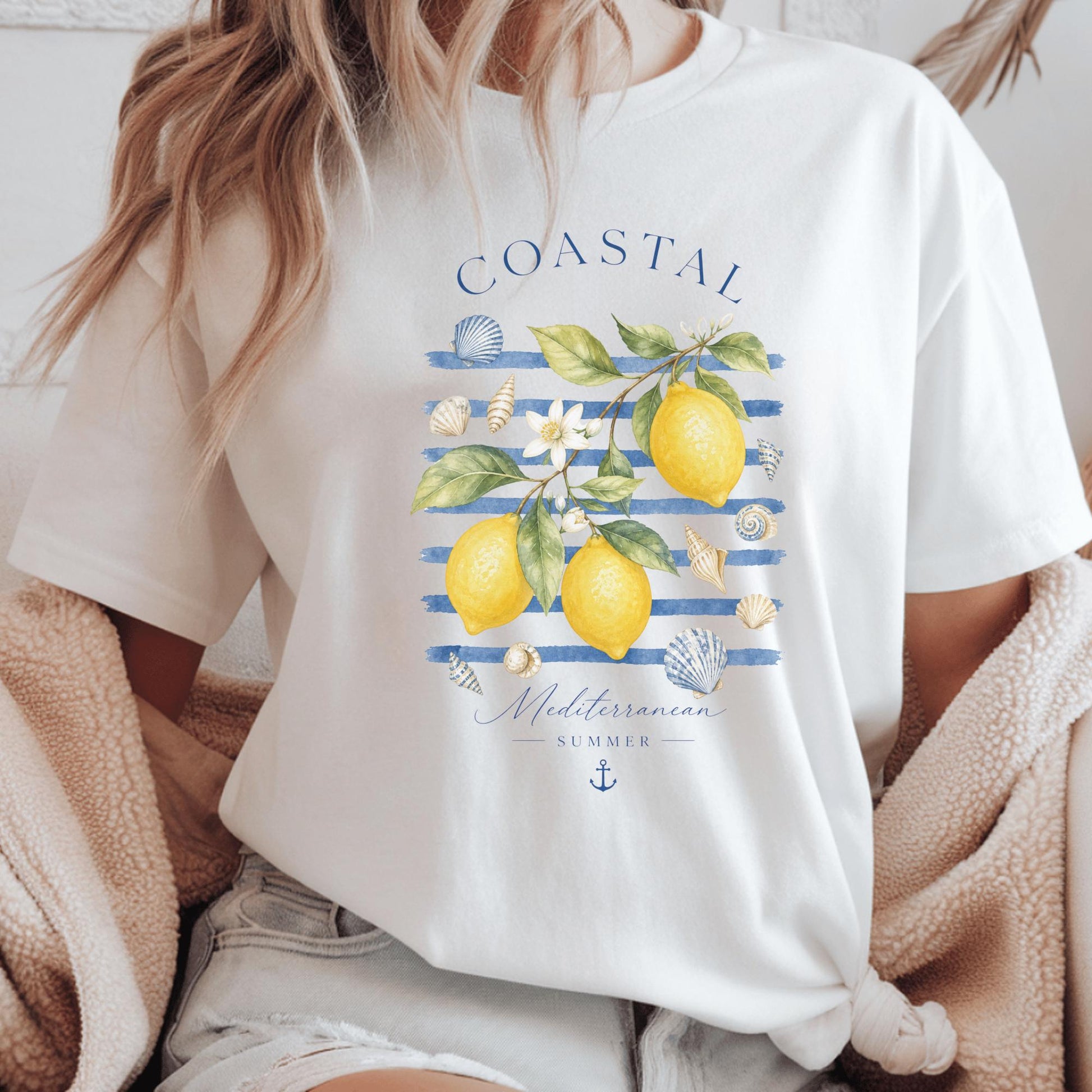 Coastal Lemon Watercolor Tee, Mediterranean Summer Beach Shirt, Nautical Stripes