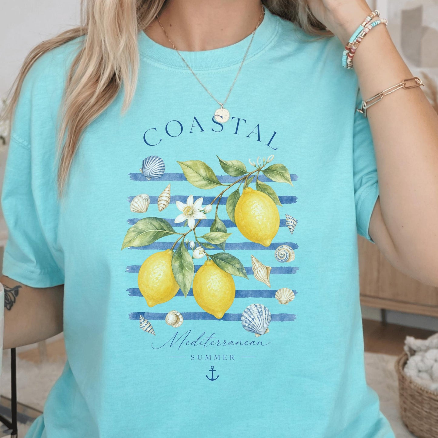 Coastal Lemon Watercolor Tee, Mediterranean Summer Beach Shirt, Nautical Stripes