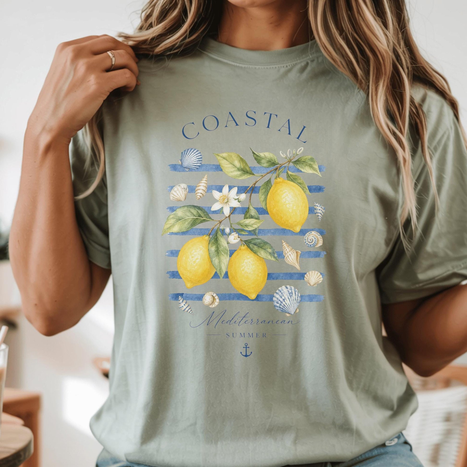 Coastal Lemon Watercolor Tee, Mediterranean Summer Beach Shirt, Nautical Stripes