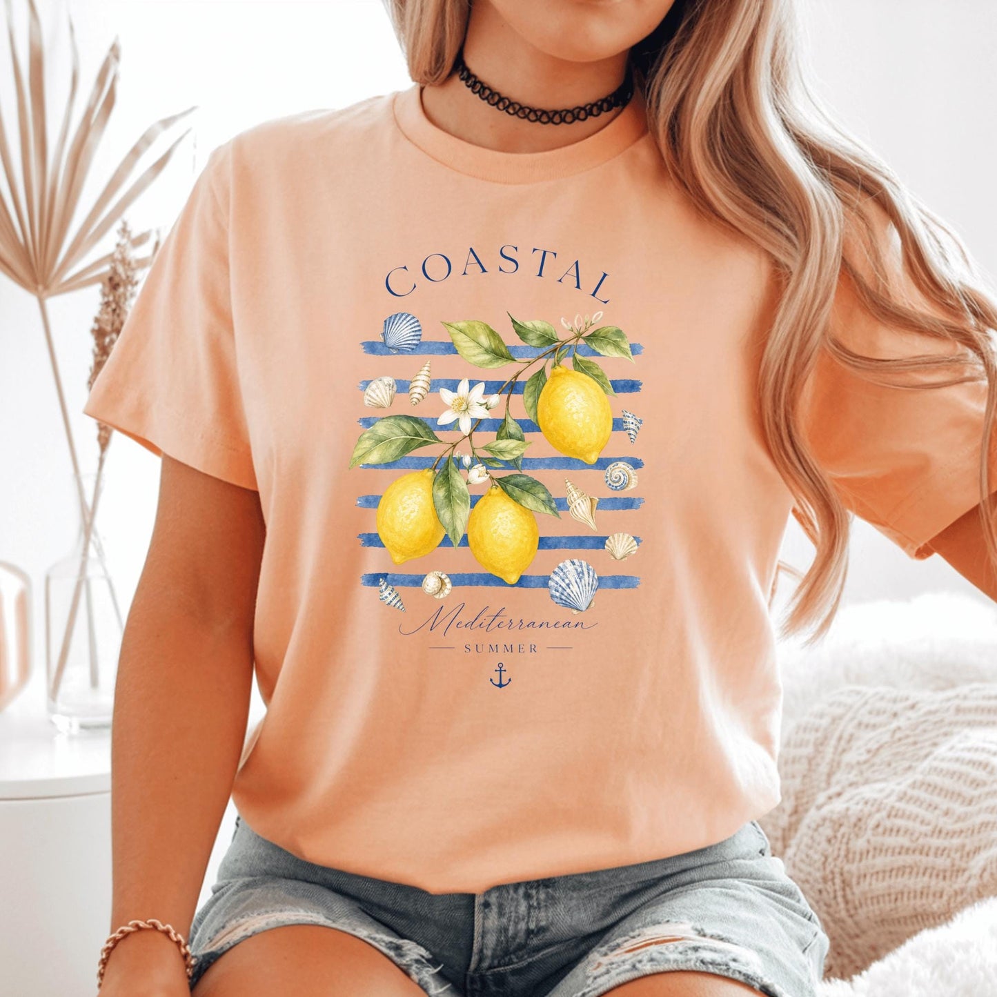 Coastal Lemon Watercolor Tee, Mediterranean Summer Beach Shirt, Nautical Stripes