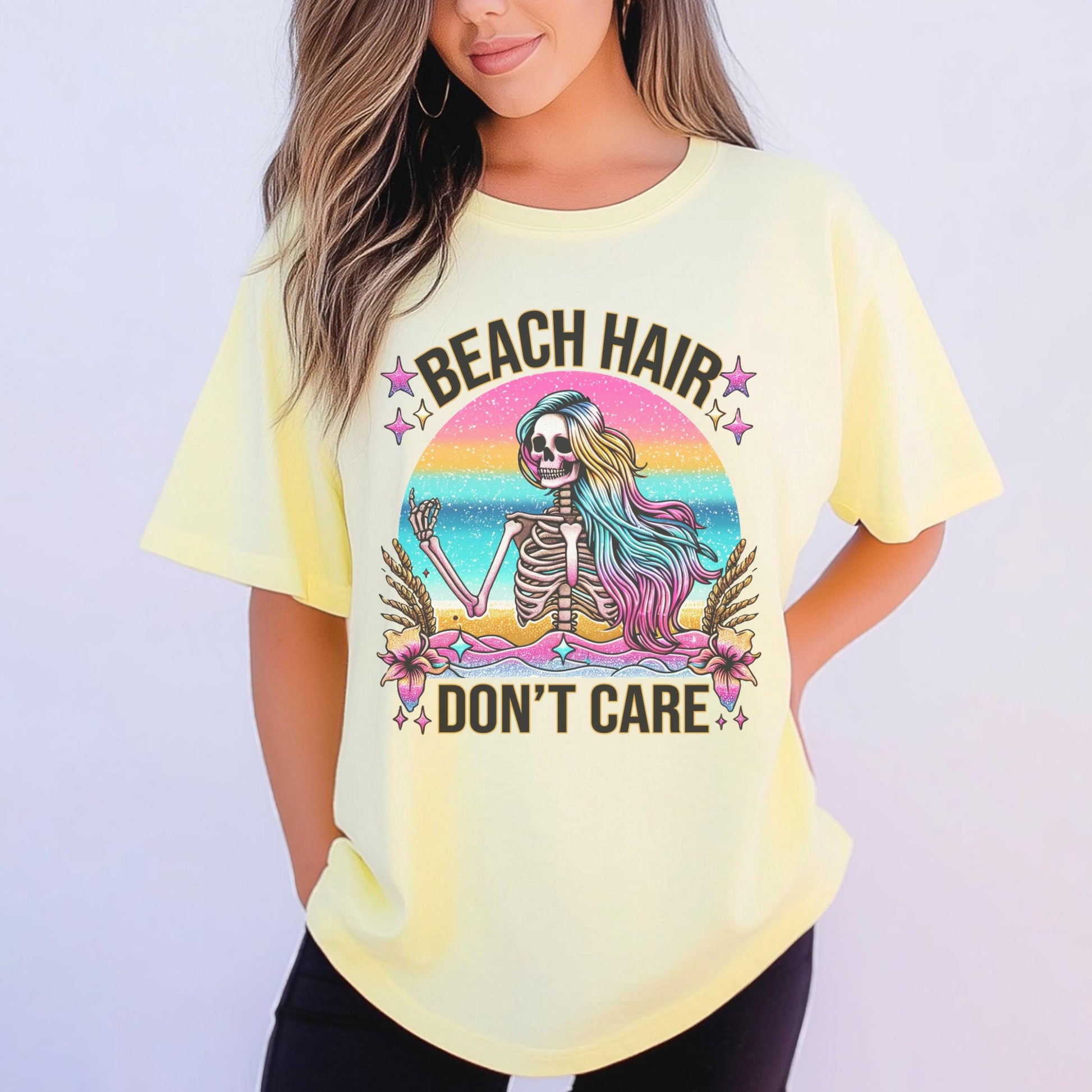 Beach Hair Don't Care T-Shirt, Grunge Skeleton Design, Rainbow Colors, Summer Beach Vibes, Unique Festival Shirt, Graphic Tee