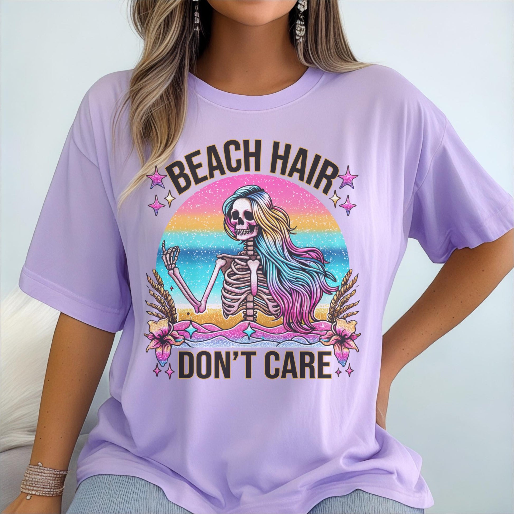 Beach Hair Don't Care T-Shirt, Grunge Skeleton Design, Rainbow Colors, Summer Beach Vibes, Unique Festival Shirt, Graphic Tee