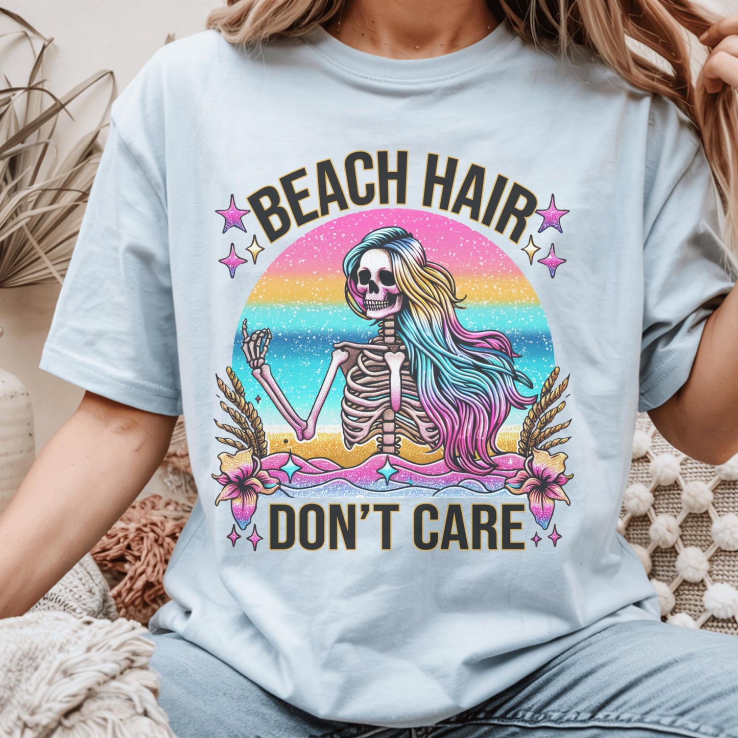 Beach Hair Don't Care T-Shirt, Grunge Skeleton Design, Rainbow Colors, Summer Beach Vibes, Unique Festival Shirt, Graphic Tee