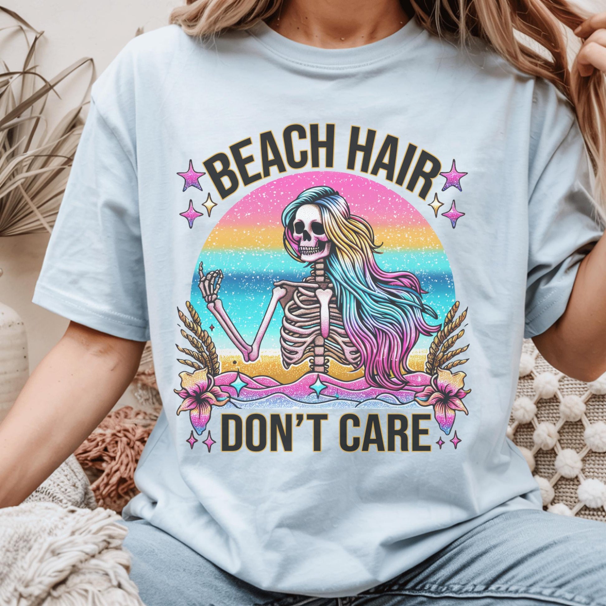 Beach Hair Don't Care T-Shirt, Grunge Skeleton Design, Rainbow Colors, Summer Beach Vibes, Unique Festival Shirt, Graphic Tee