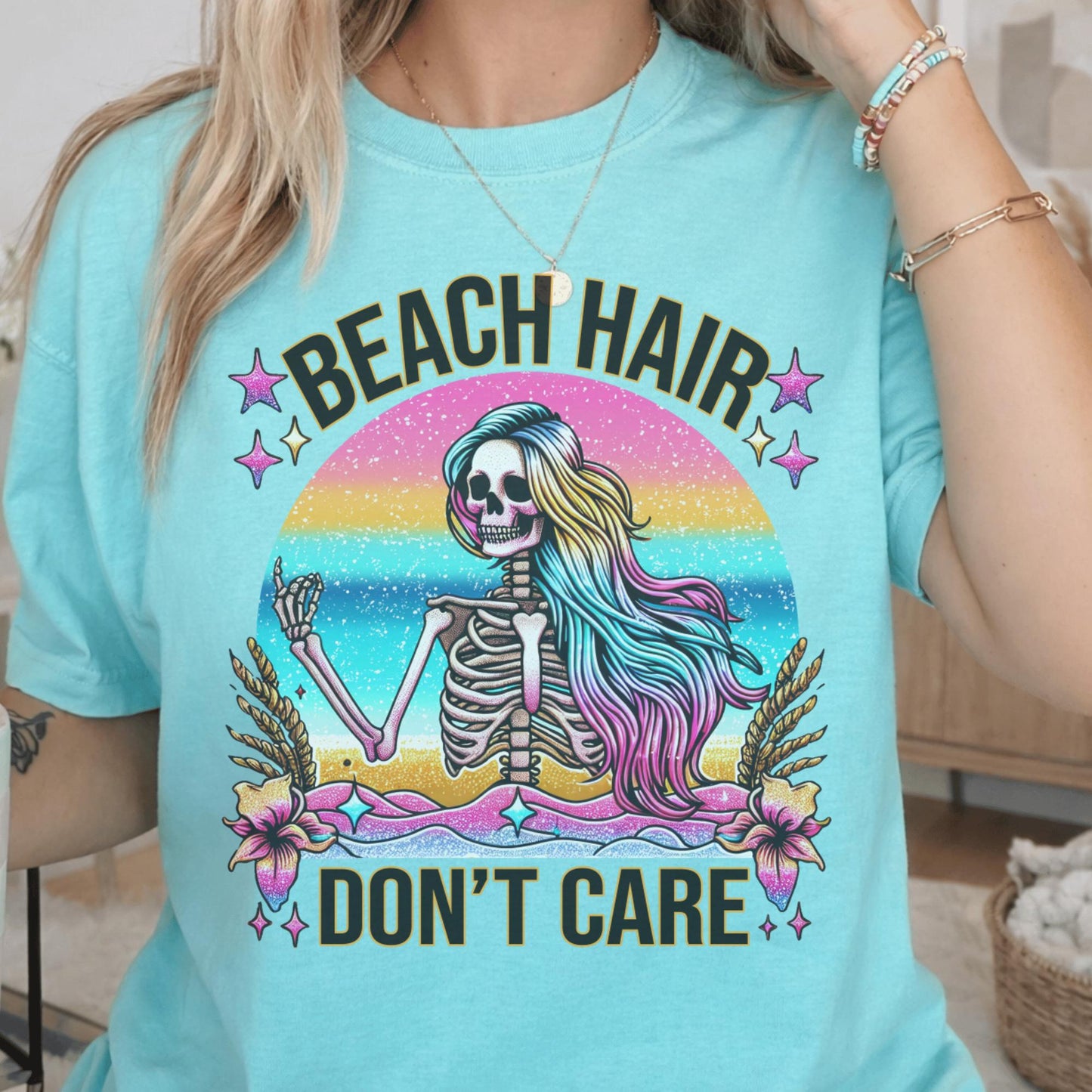 Beach Hair Don't Care T-Shirt, Grunge Skeleton Design, Rainbow Colors, Summer Beach Vibes, Unique Festival Shirt, Graphic Tee