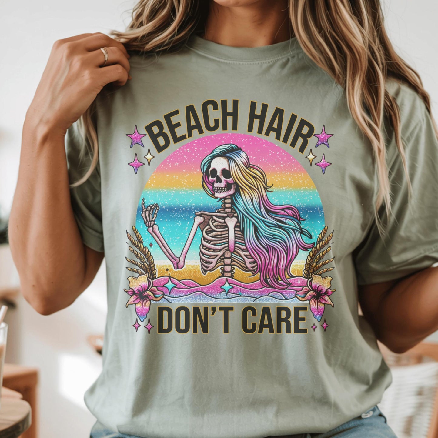 Beach Hair Don't Care T-Shirt, Grunge Skeleton Design, Rainbow Colors, Summer Beach Vibes, Unique Festival Shirt, Graphic Tee