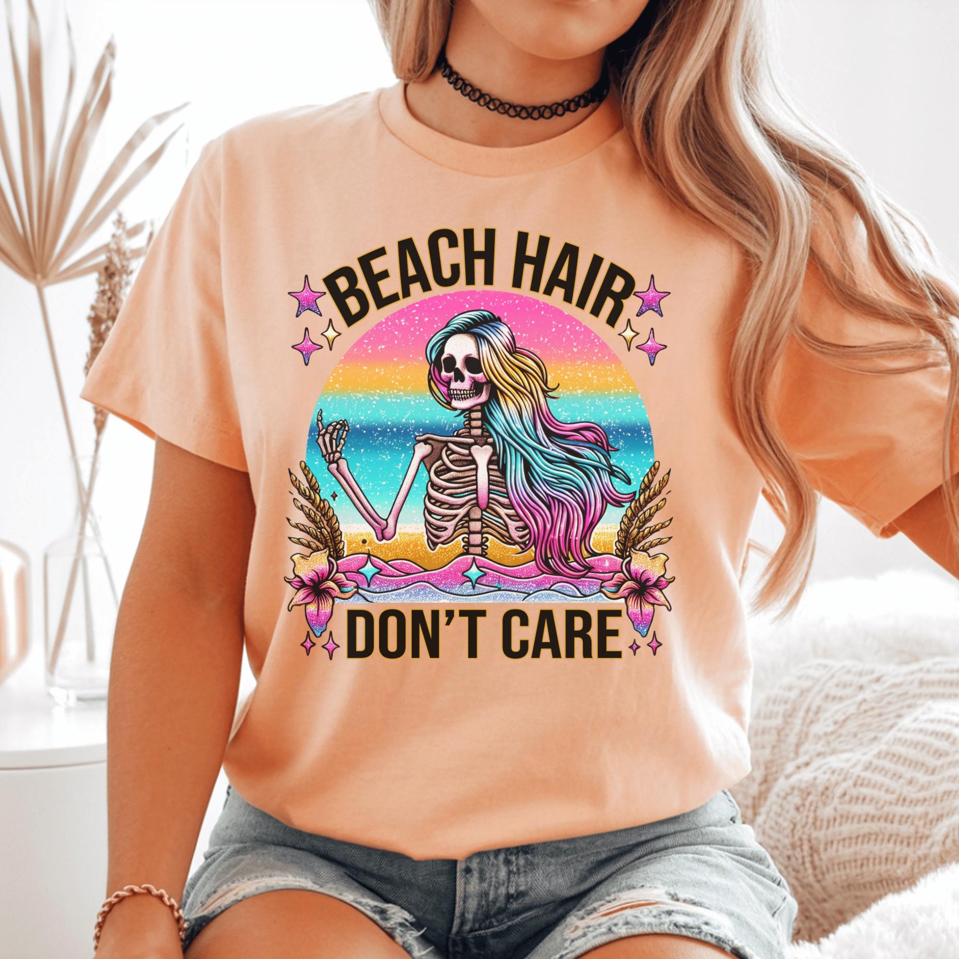 Beach Hair Don't Care T-Shirt, Grunge Skeleton Design, Rainbow Colors, Summer Beach Vibes, Unique Festival Shirt, Graphic Tee
