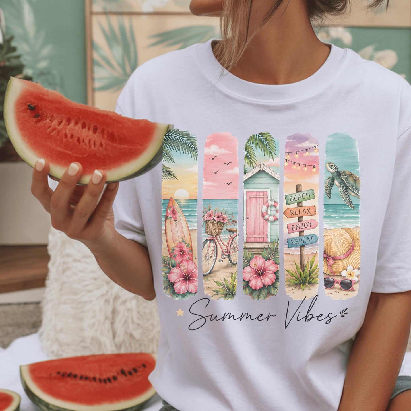 Summer Vibes Beach Decor, Coastal Living Art, Vibrant Ocean Scene, Tropical Print Home, Surfing Bicycle Seaside