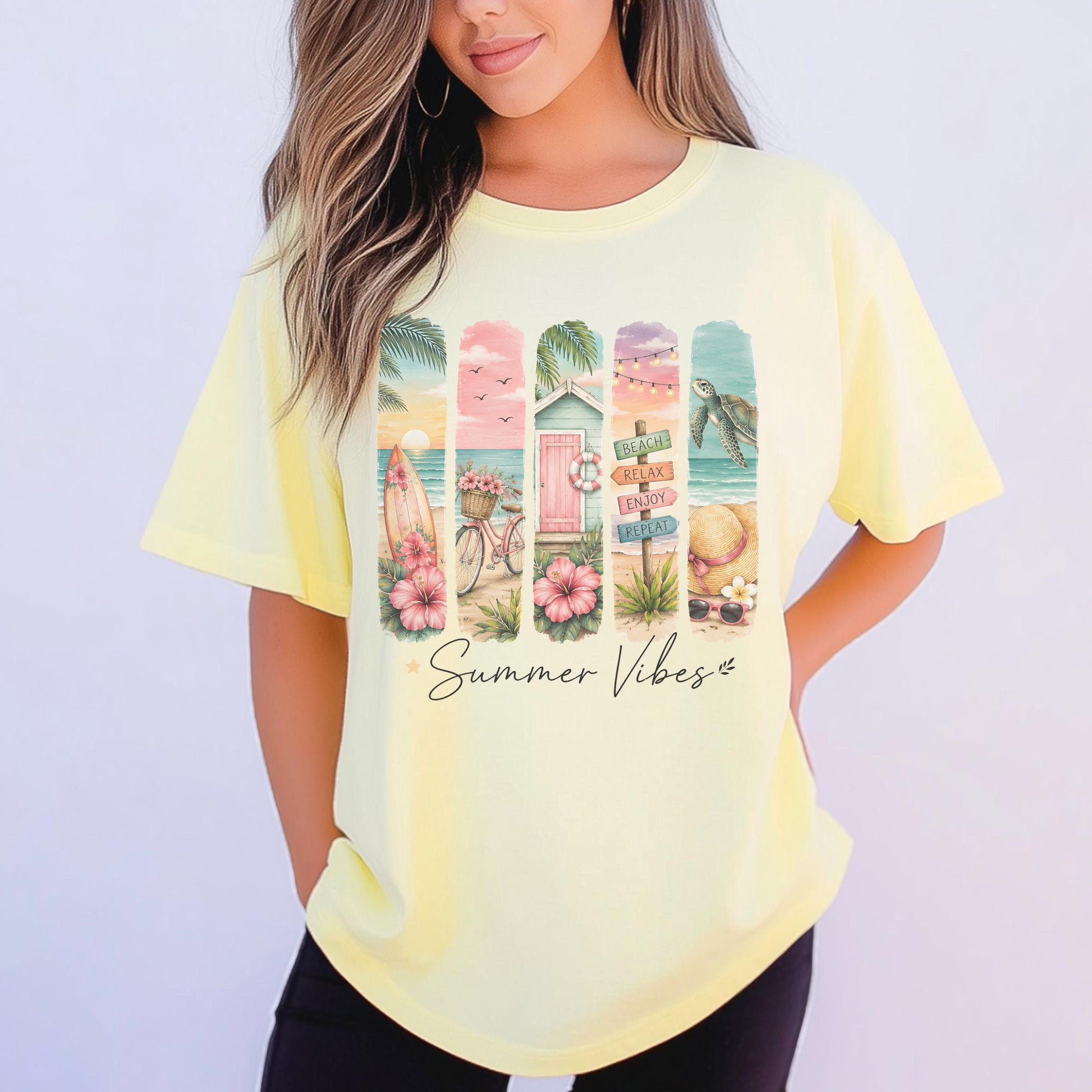 Summer Vibes Beach Decor, Coastal Living Art, Vibrant Ocean Scene, Tropical Print Home, Surfing Bicycle Seaside