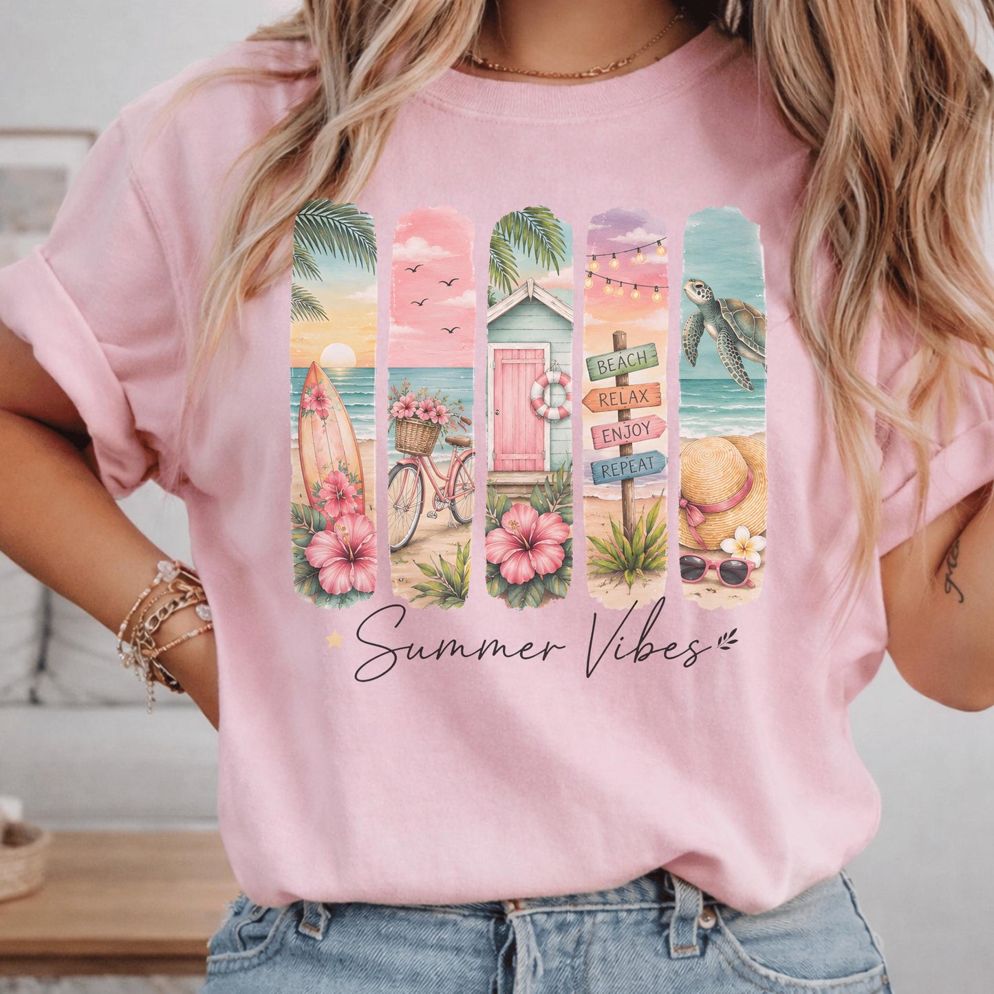 Summer Vibes Beach Decor, Coastal Living Art, Vibrant Ocean Scene, Tropical Print Home, Surfing Bicycle Seaside