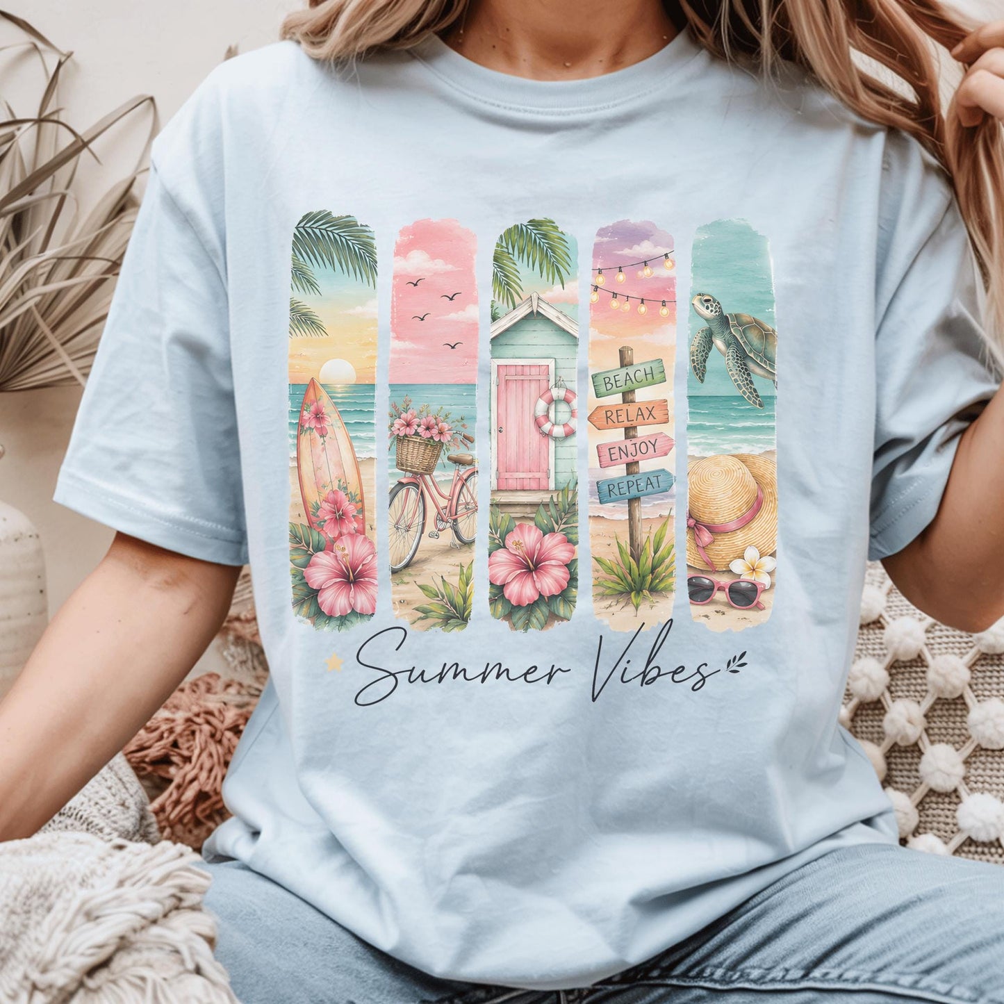 Summer Vibes Beach Decor, Coastal Living Art, Vibrant Ocean Scene, Tropical Print Home, Surfing Bicycle Seaside