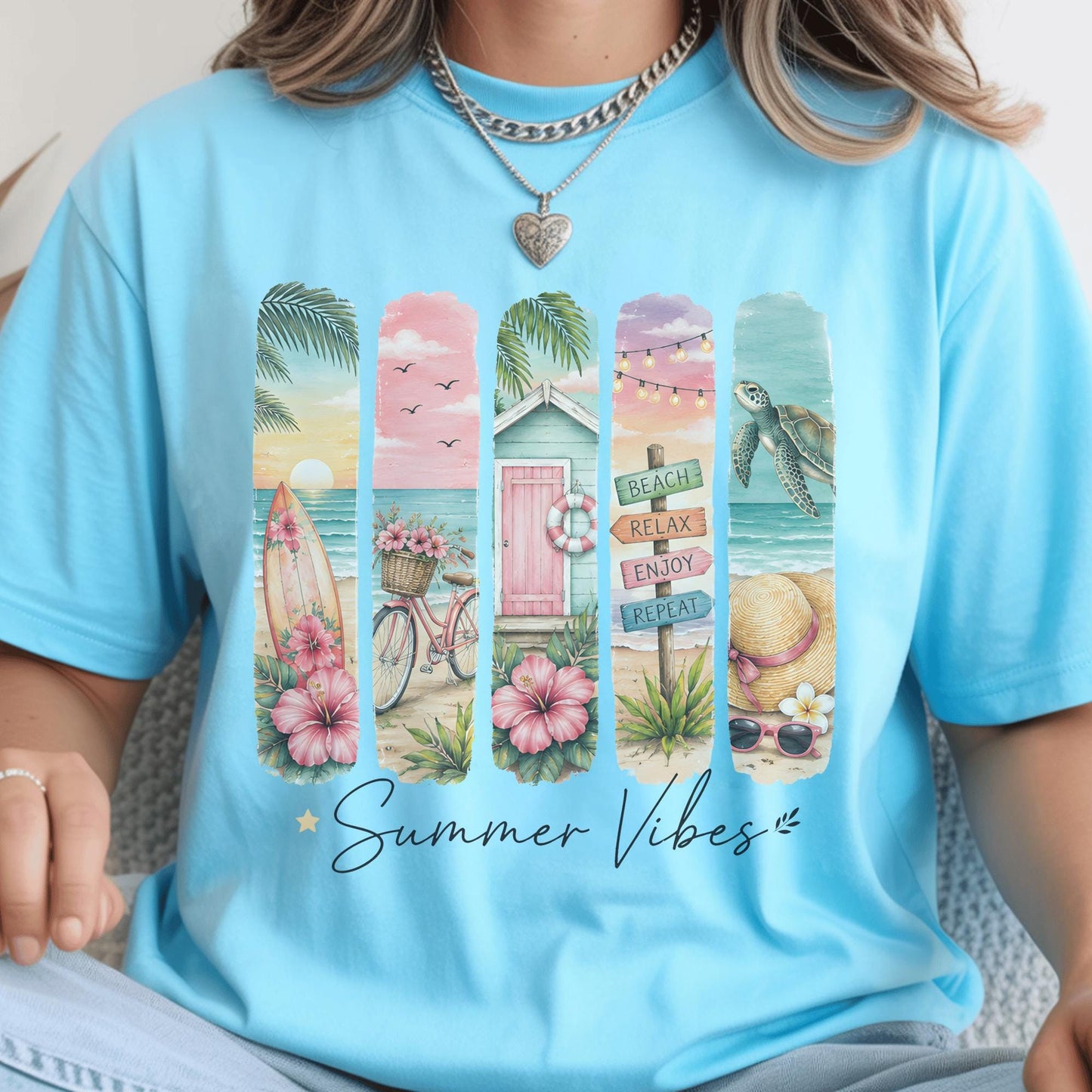Summer Vibes Beach Decor, Coastal Living Art, Vibrant Ocean Scene, Tropical Print Home, Surfing Bicycle Seaside