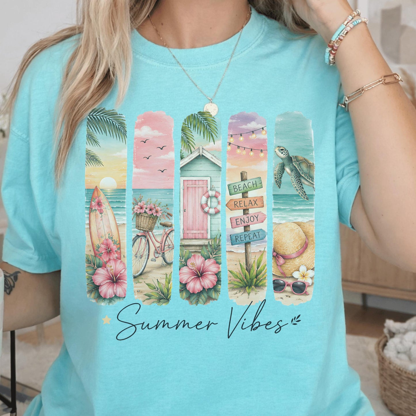 Summer Vibes Beach Decor, Coastal Living Art, Vibrant Ocean Scene, Tropical Print Home, Surfing Bicycle Seaside