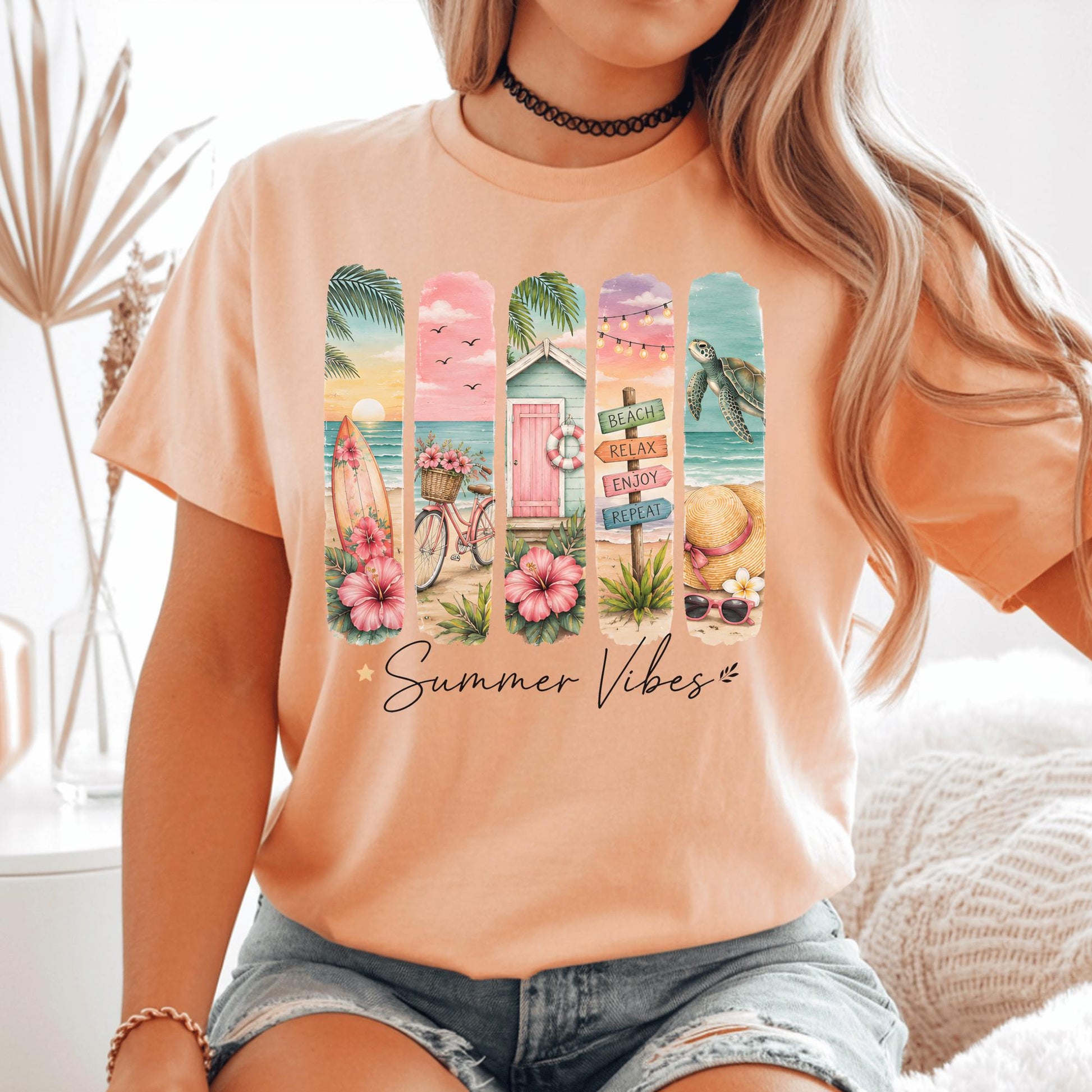 Summer Vibes Beach Decor, Coastal Living Art, Vibrant Ocean Scene, Tropical Print Home, Surfing Bicycle Seaside