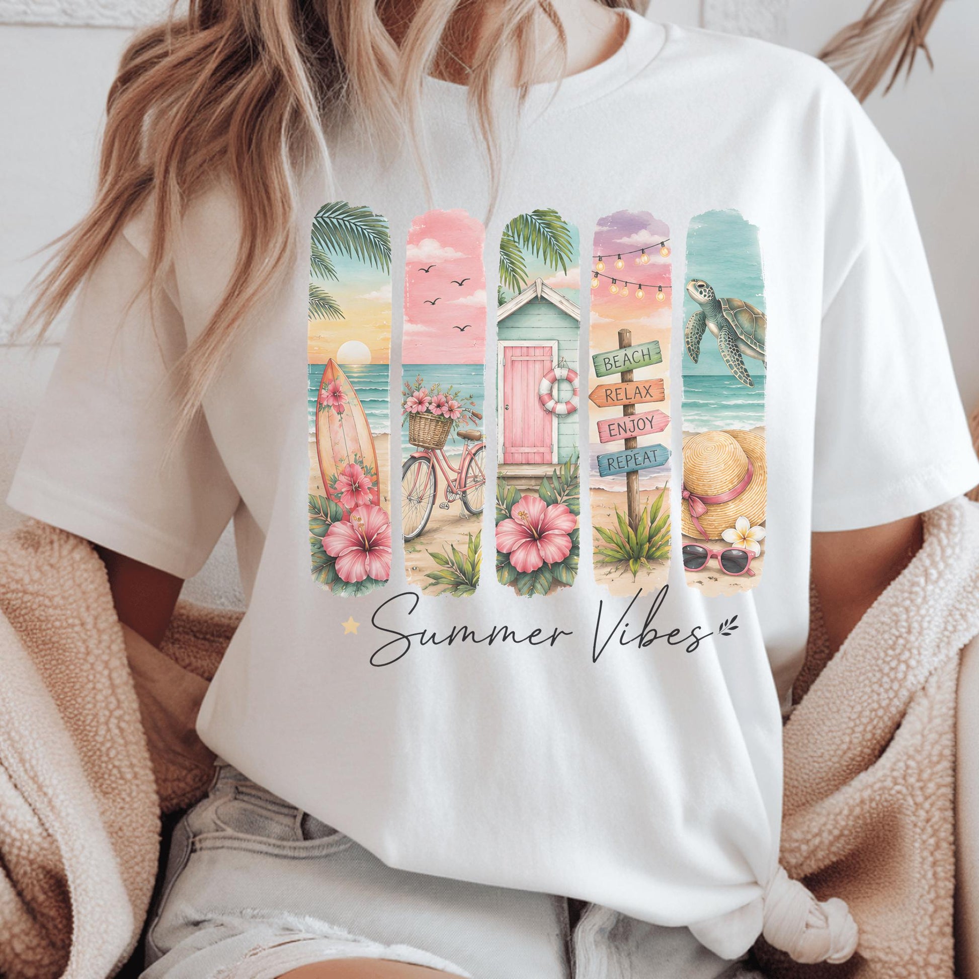 Summer Vibes Beach Decor, Coastal Living Art, Vibrant Ocean Scene, Tropical Print Home, Surfing Bicycle Seaside