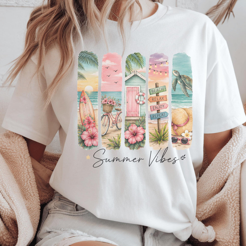 Summer Vibes Beach Decor, Coastal Living Art, Vibrant Ocean Scene, Tropical Print Home, Surfing Bicycle Seaside