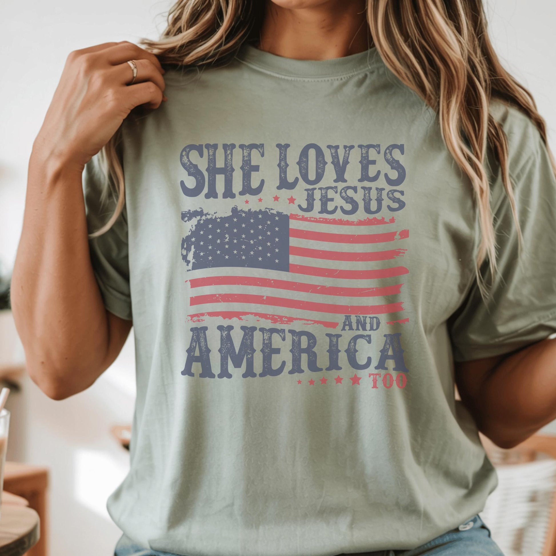 Patriotic Christian Shirt, She Loves Jesus and America, American Flag Tee, Faith Shirt, Round Neck T-shirt, Gift for Her,