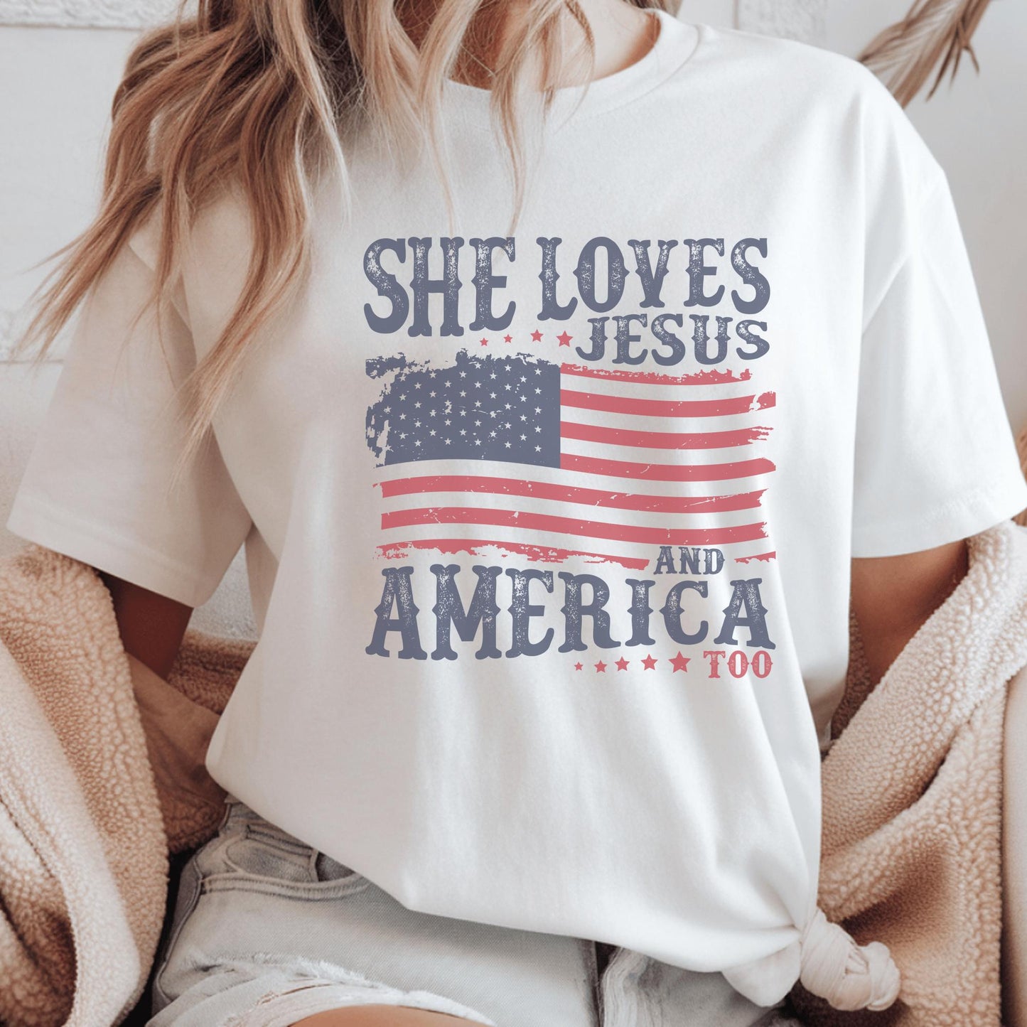 Patriotic Christian Shirt, She Loves Jesus and America, American Flag Tee, Faith Shirt, Round Neck T-shirt, Gift for Her,