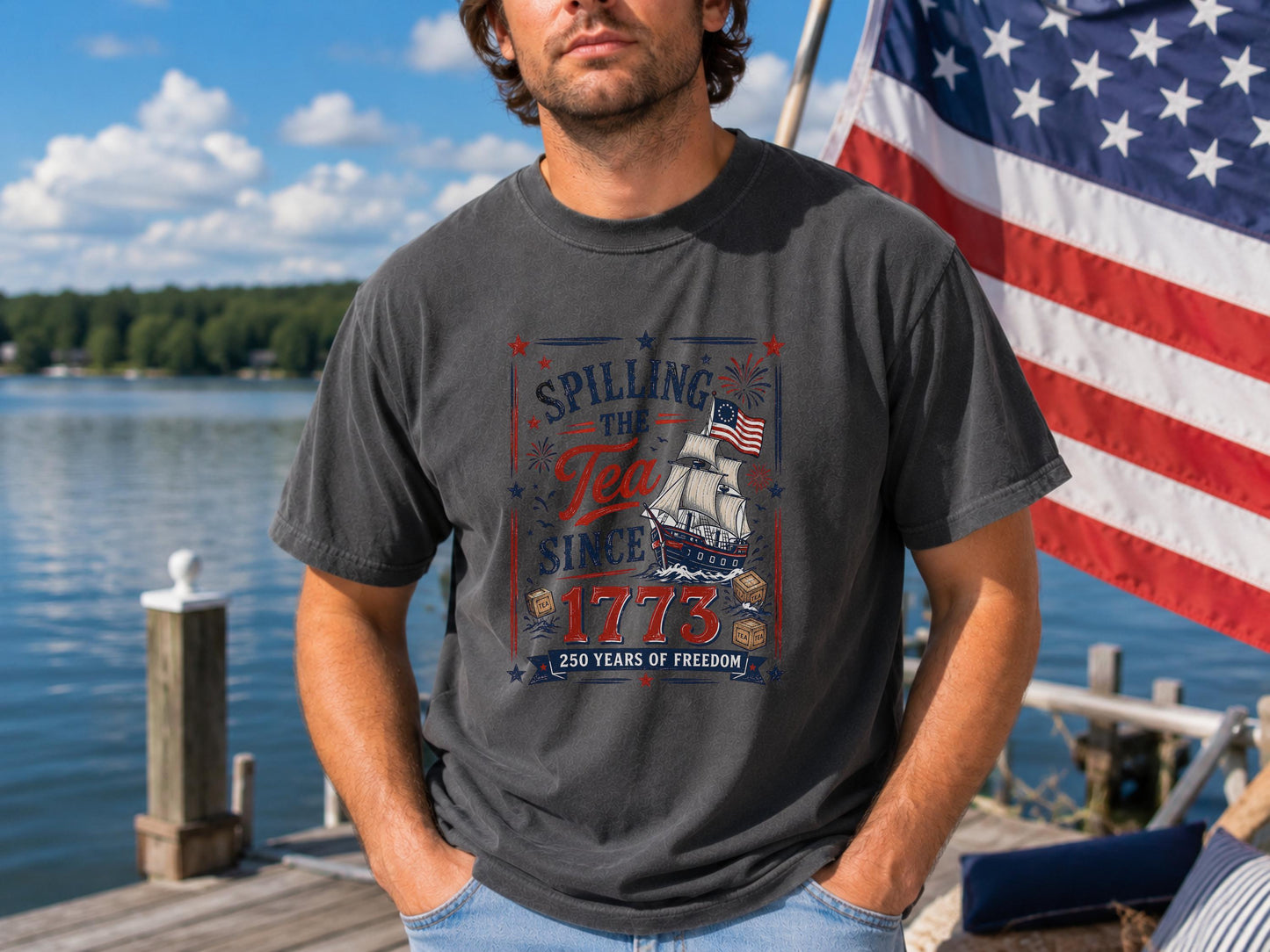 Patriotic T-Shirt, American History Tee, 1773 Spilling the Tea Shirt, Freedom Celebration Shirt, Graphic Tee for History Buffs