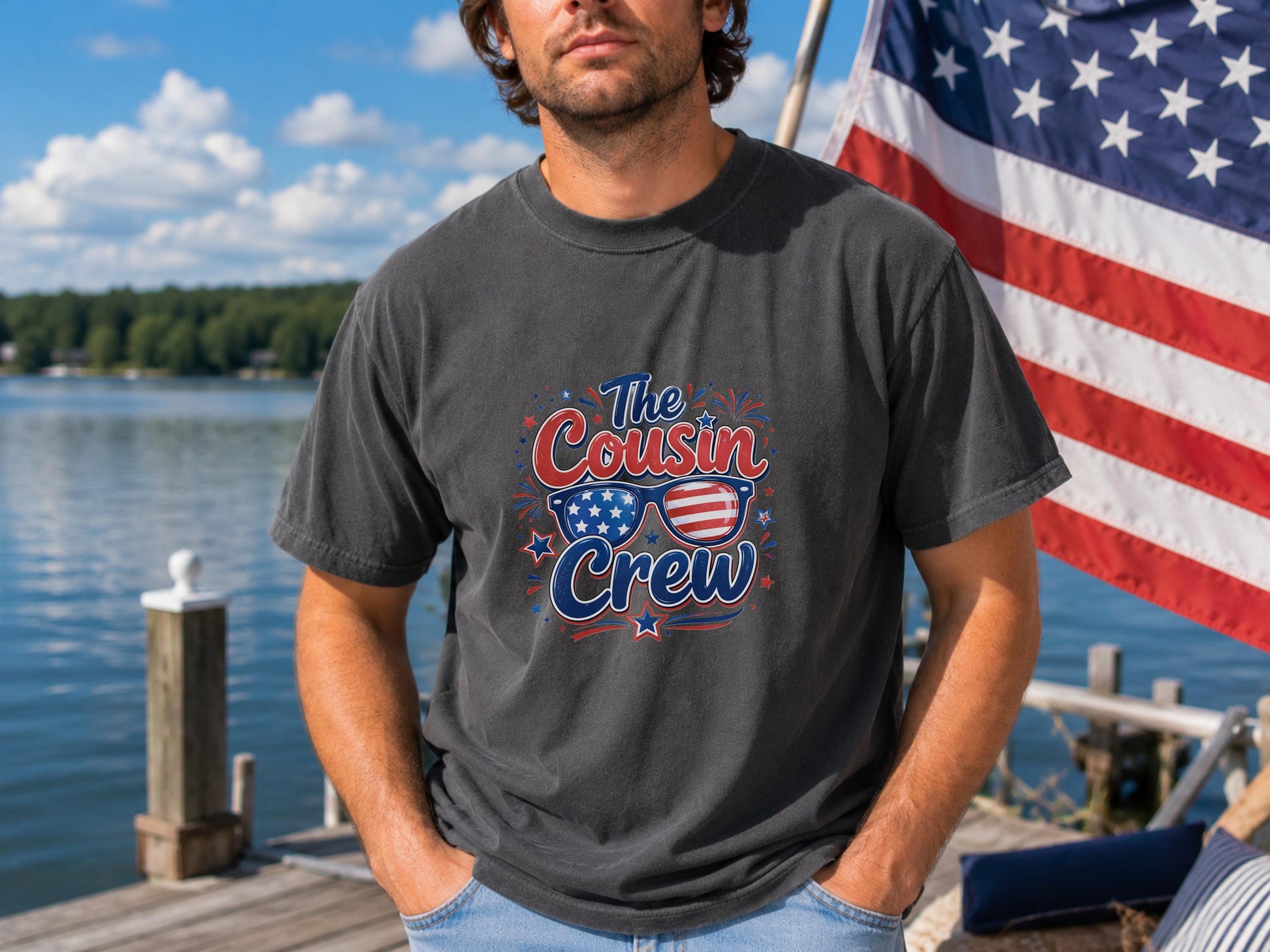 Patriotic Cousin Crew Shirt, July 4th Family Matching Tees, American Flag Sunglasses Graphic, Independence Day Outfit