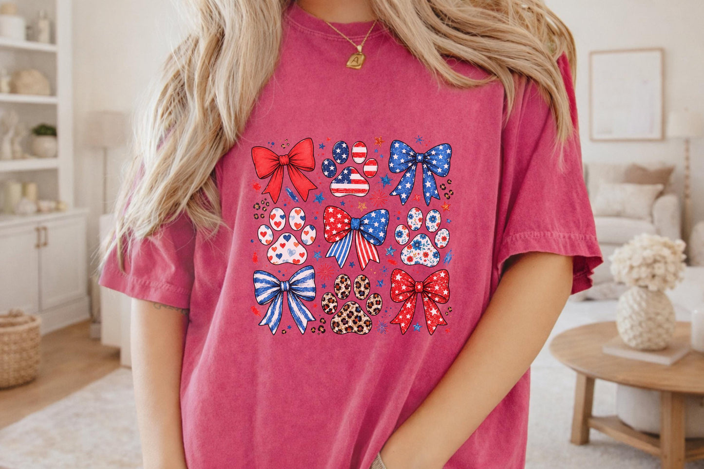 American Flag Paw Print Tshirt, Patriotic Bow Custom Tee, July 4th Animal Lover Gift, Cute USA Dog Lover Shirt, Independence Day Tee