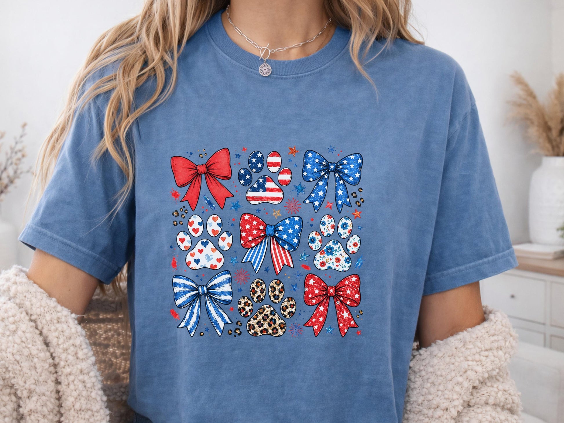 American Flag Paw Print Tshirt, Patriotic Bow Custom Tee, July 4th Animal Lover Gift, Cute USA Dog Lover Shirt, Independence Day Tee