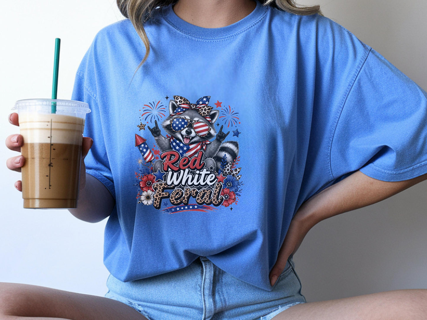 Patriotic Raccoon T-shirt, Red White Feral Graphic Tee, 4th of July Animal Shirt, Customizable Comfort Colors, USA Holiday Apparel Gift