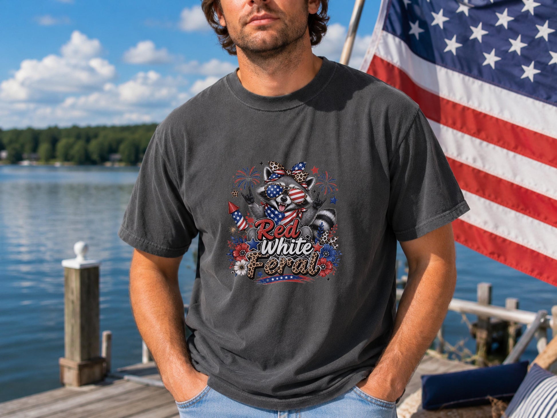 Patriotic Raccoon T-shirt, Red White Feral Graphic Tee, 4th of July Animal Shirt, Customizable Comfort Colors, USA Holiday Apparel Gift