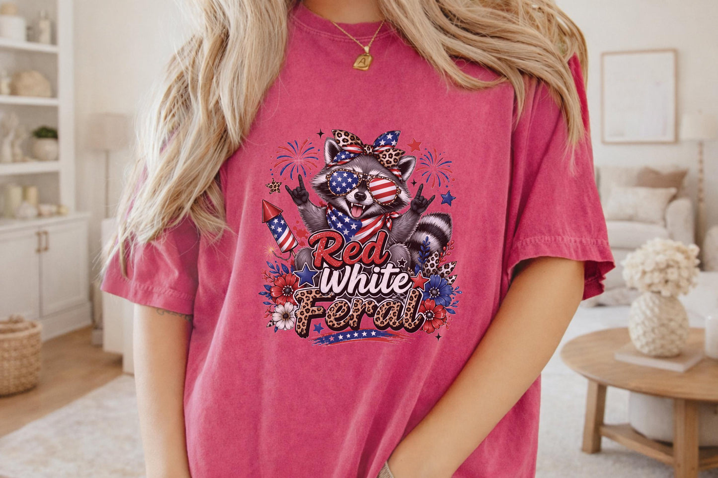 Patriotic Raccoon T-shirt, Red White Feral Graphic Tee, 4th of July Animal Shirt, Customizable Comfort Colors, USA Holiday Apparel Gift