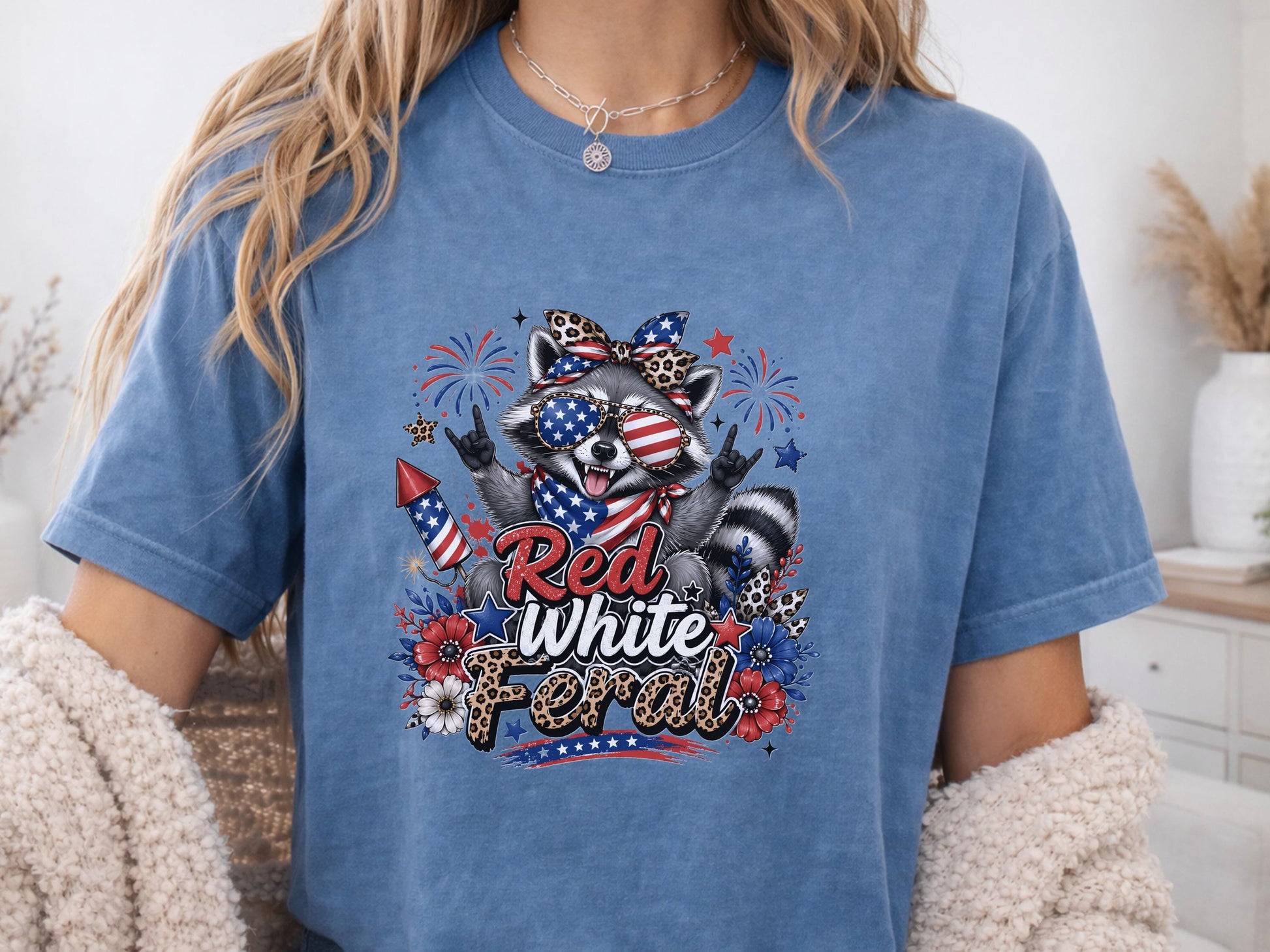 Patriotic Raccoon T-shirt, Red White Feral Graphic Tee, 4th of July Animal Shirt, Customizable Comfort Colors, USA Holiday Apparel Gift