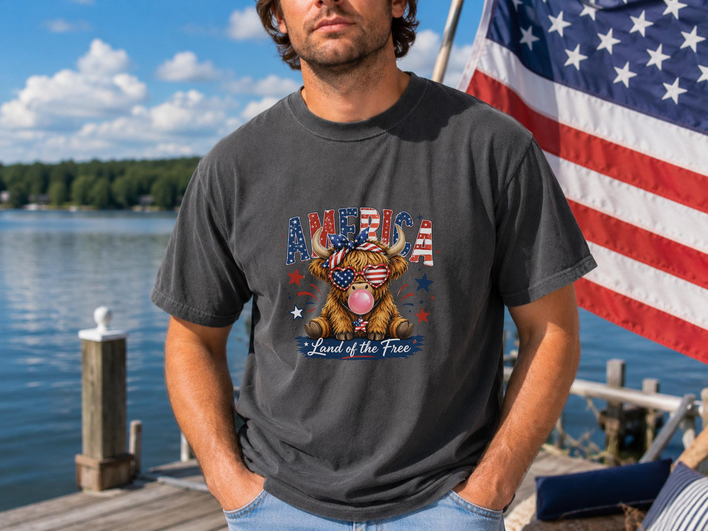 Patriotic Highland Cow Shirt, USA Flag T-Shirt, Land of the Free Tee, 4th of July Gift, Cute Bull Graphic, American Pride Shirt
