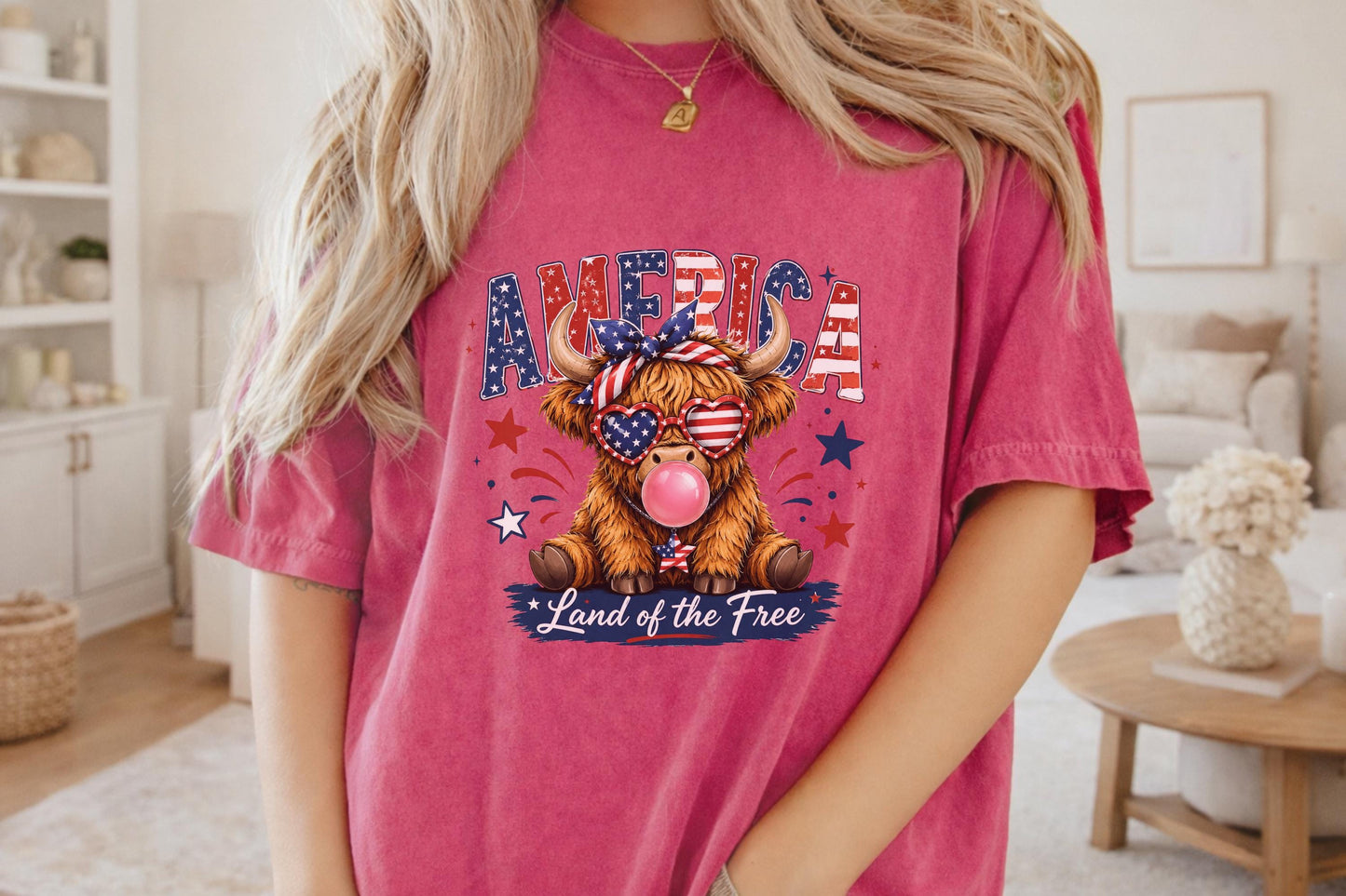 Patriotic Highland Cow Shirt, USA Flag T-Shirt, Land of the Free Tee, 4th of July Gift, Cute Bull Graphic, American Pride Shirt