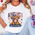 Patriotic Highland Cow Shirt, USA Flag T-Shirt, Land of the Free Tee, 4th of July Gift, Cute Bull Graphic, American Pride Shirt