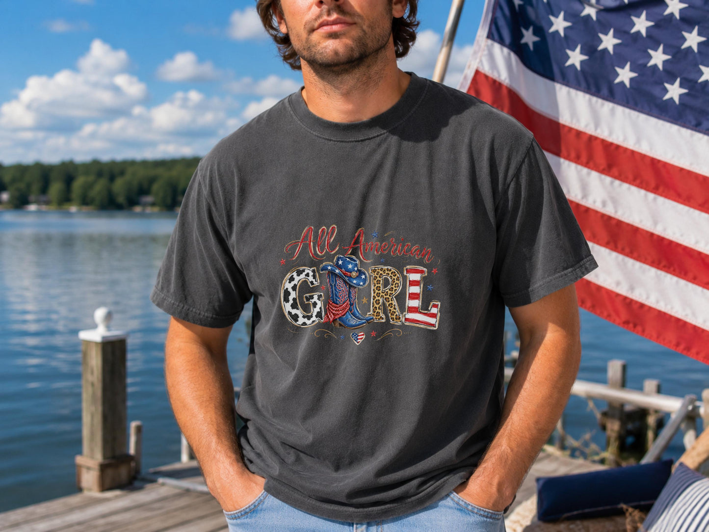 All American Girl T-Shirt, Patriotic Cowboy Boots Tee, USA Themed Gift, Cowgirl Western Style, Women's Graphic Shirt, American Flag Art