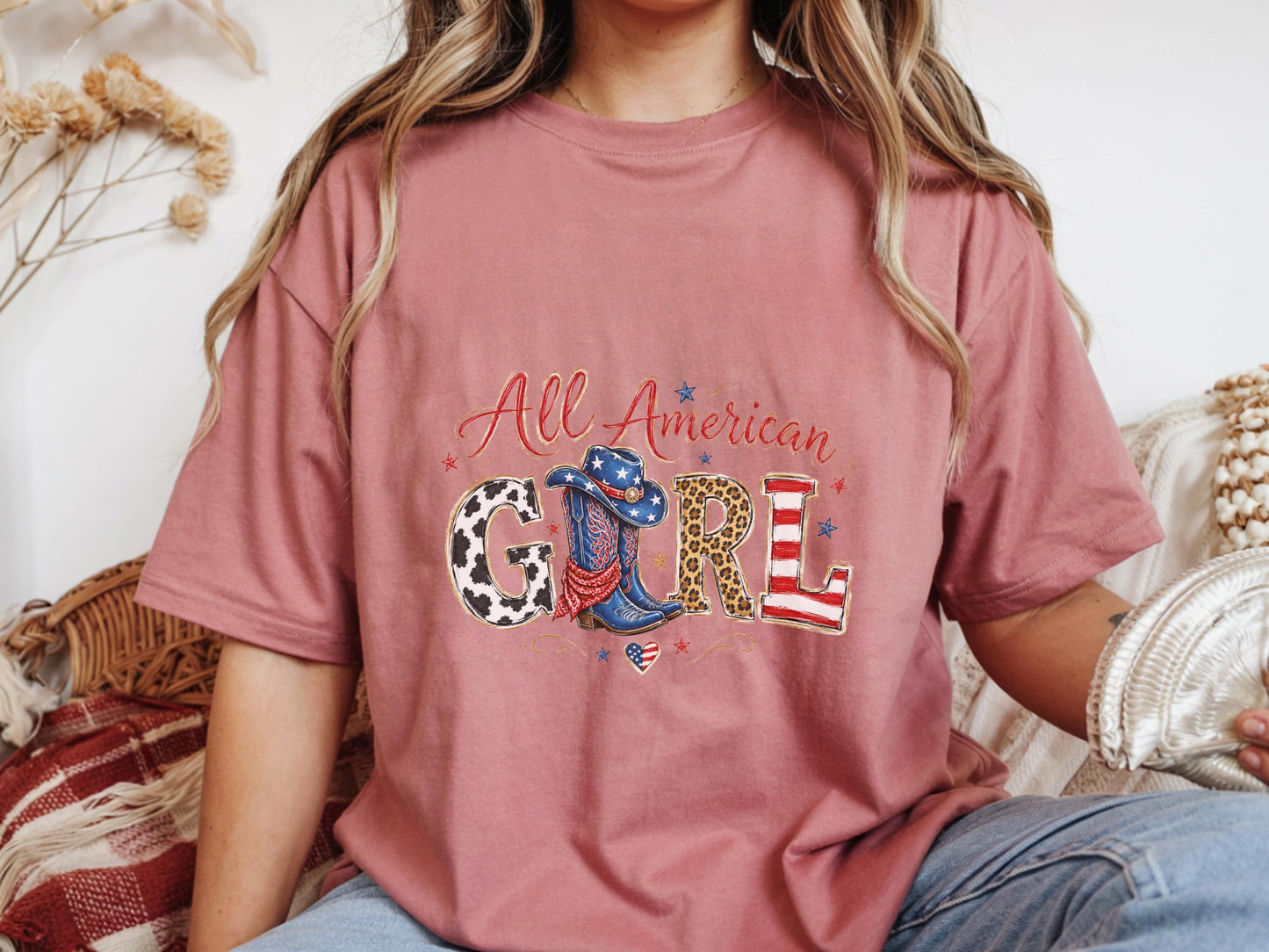 All American Girl T-Shirt, Patriotic Cowboy Boots Tee, USA Themed Gift, Cowgirl Western Style, Women's Graphic Shirt, American Flag Art