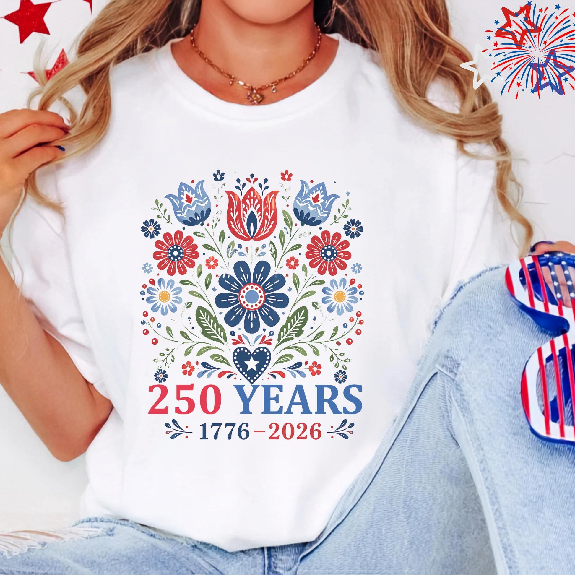 250 Years Commemorative T-Shirt, Patriotic Floral Design Tee, Anniversary Celebration Gift, Heritage Art Shirt, Customizable Apparel