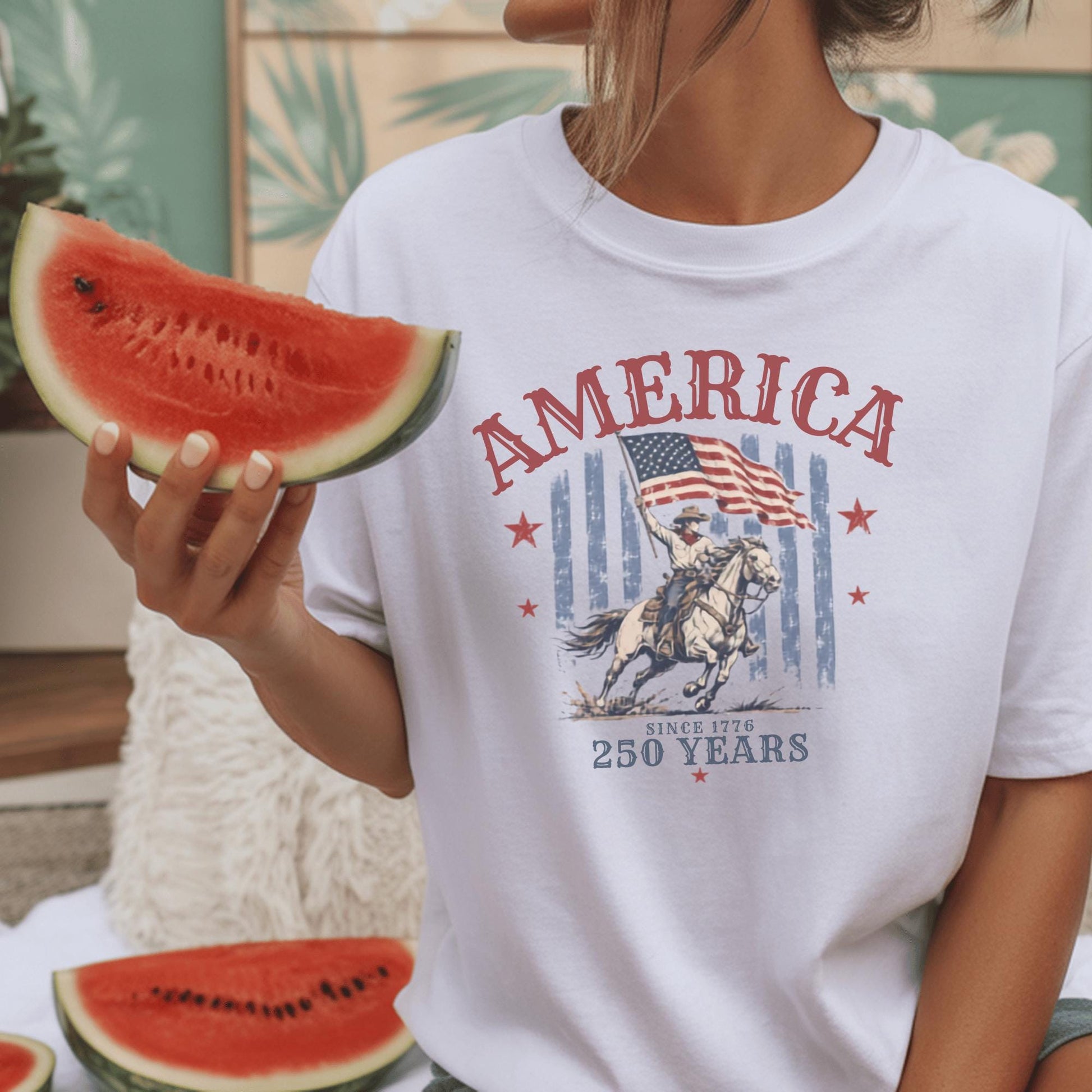 Patriotic USA T-Shirt, American Flag Tee, 250 Years Celebration Shirt, Vintage Style, Cowboy Graphic Top, Independence Day Gift