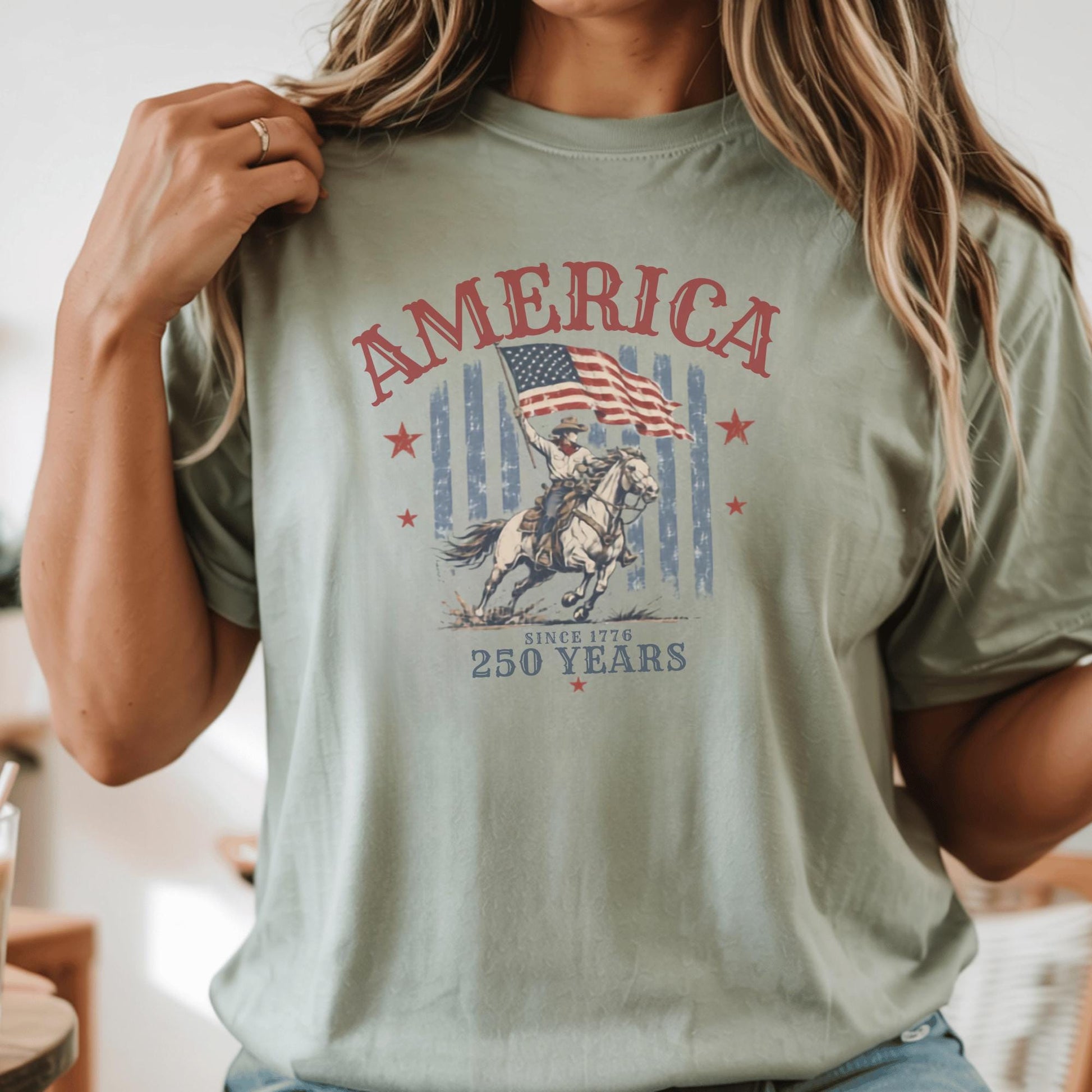Patriotic USA T-Shirt, American Flag Tee, 250 Years Celebration Shirt, Vintage Style, Cowboy Graphic Top, Independence Day Gift