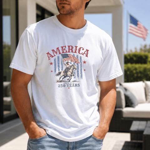 Patriotic USA T-Shirt, American Flag Tee, 250 Years Celebration Shirt, Vintage Style, Cowboy Graphic Top, Independence Day Gift