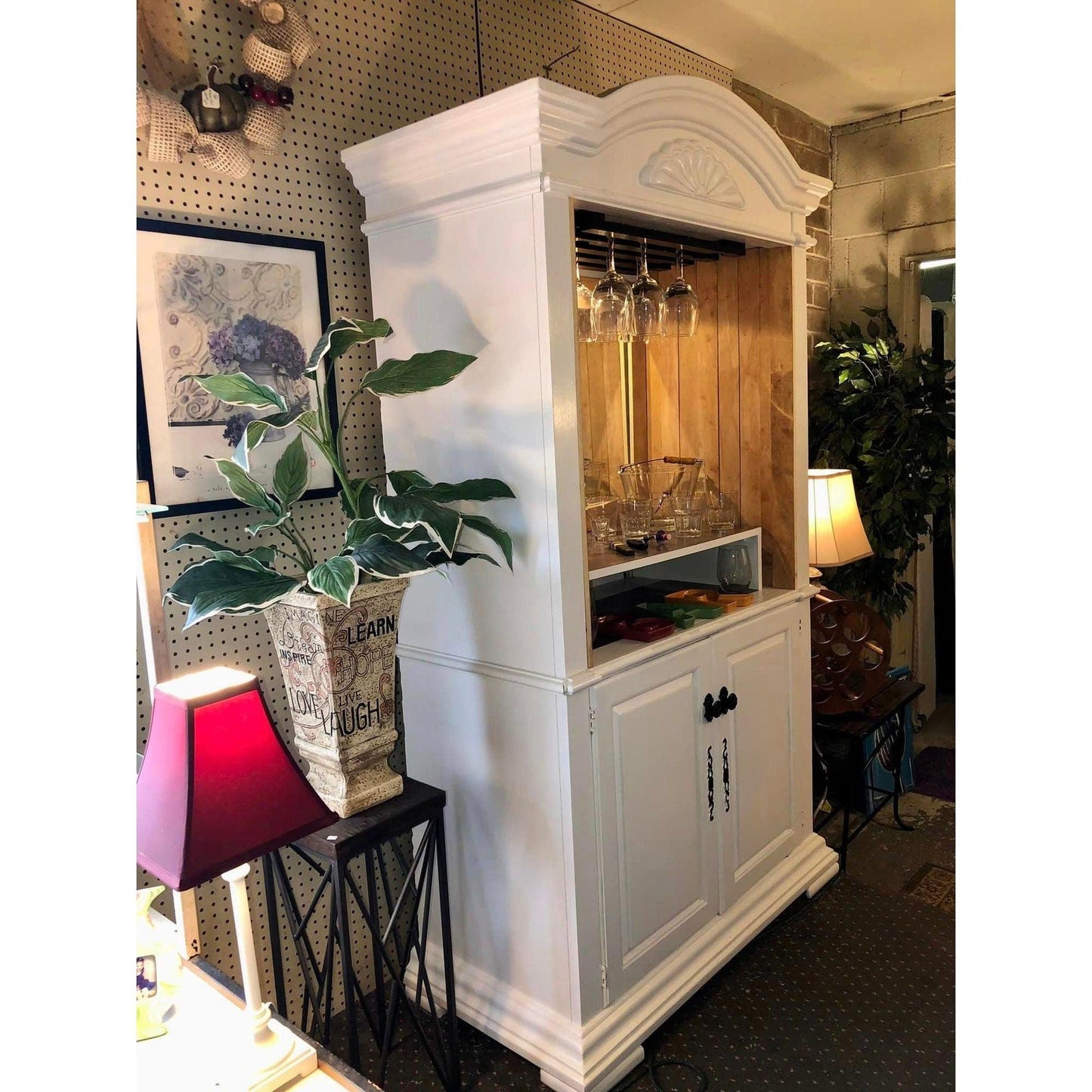 White Wooden Bar Cabinet With Glass Rack & Storage Space