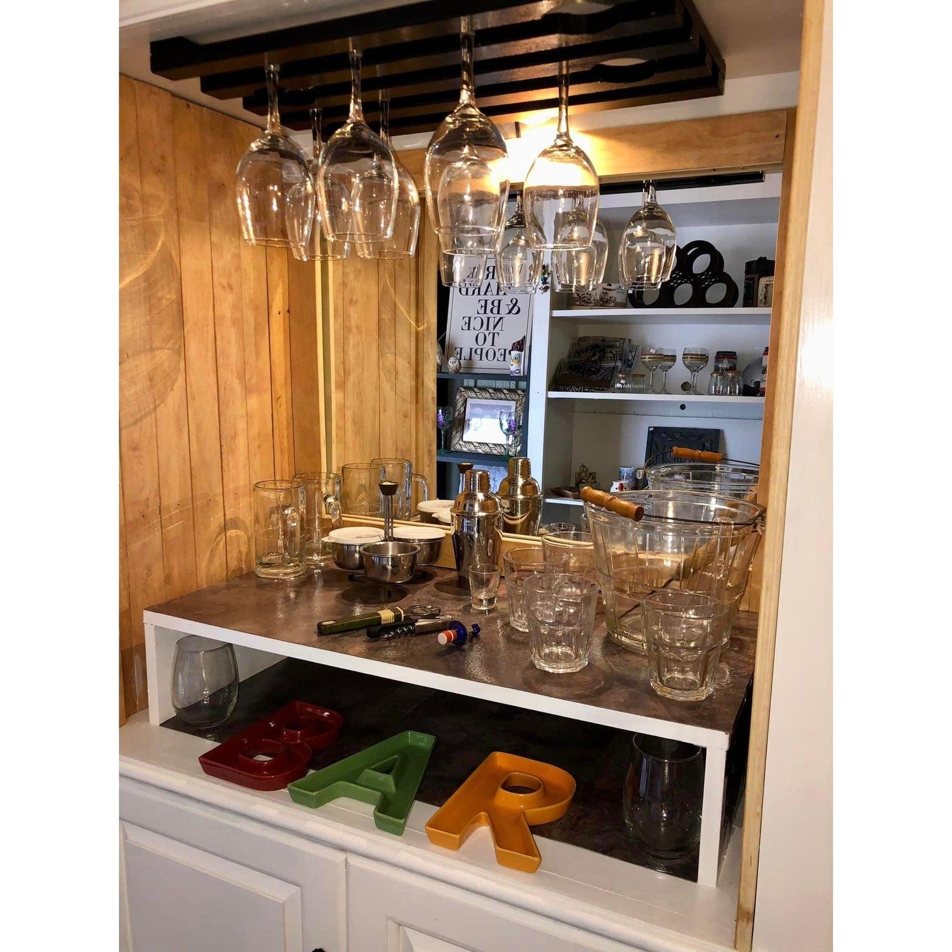 White Wooden Bar Cabinet With Glass Rack & Storage Space