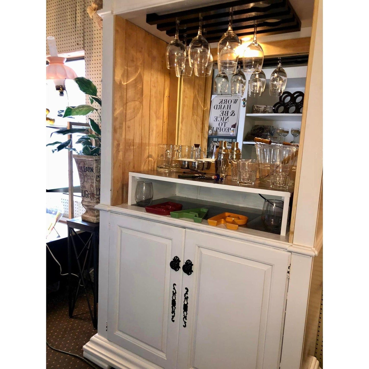 White Wooden Bar Cabinet With Glass Rack & Storage Space