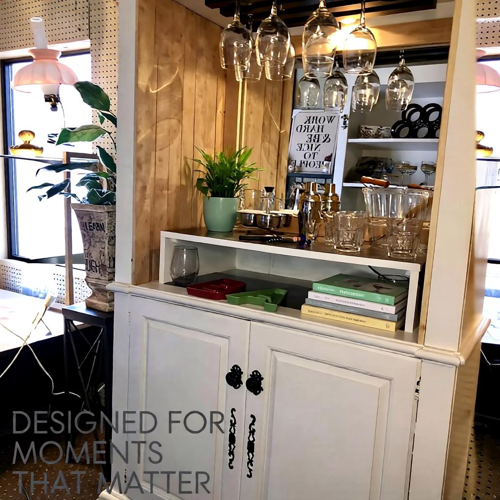 White Wooden Bar Cabinet With Glass Rack & Storage Space