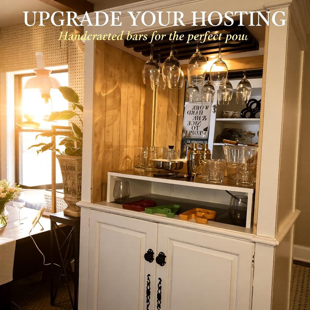 White Wooden Bar Cabinet With Glass Rack & Storage Space