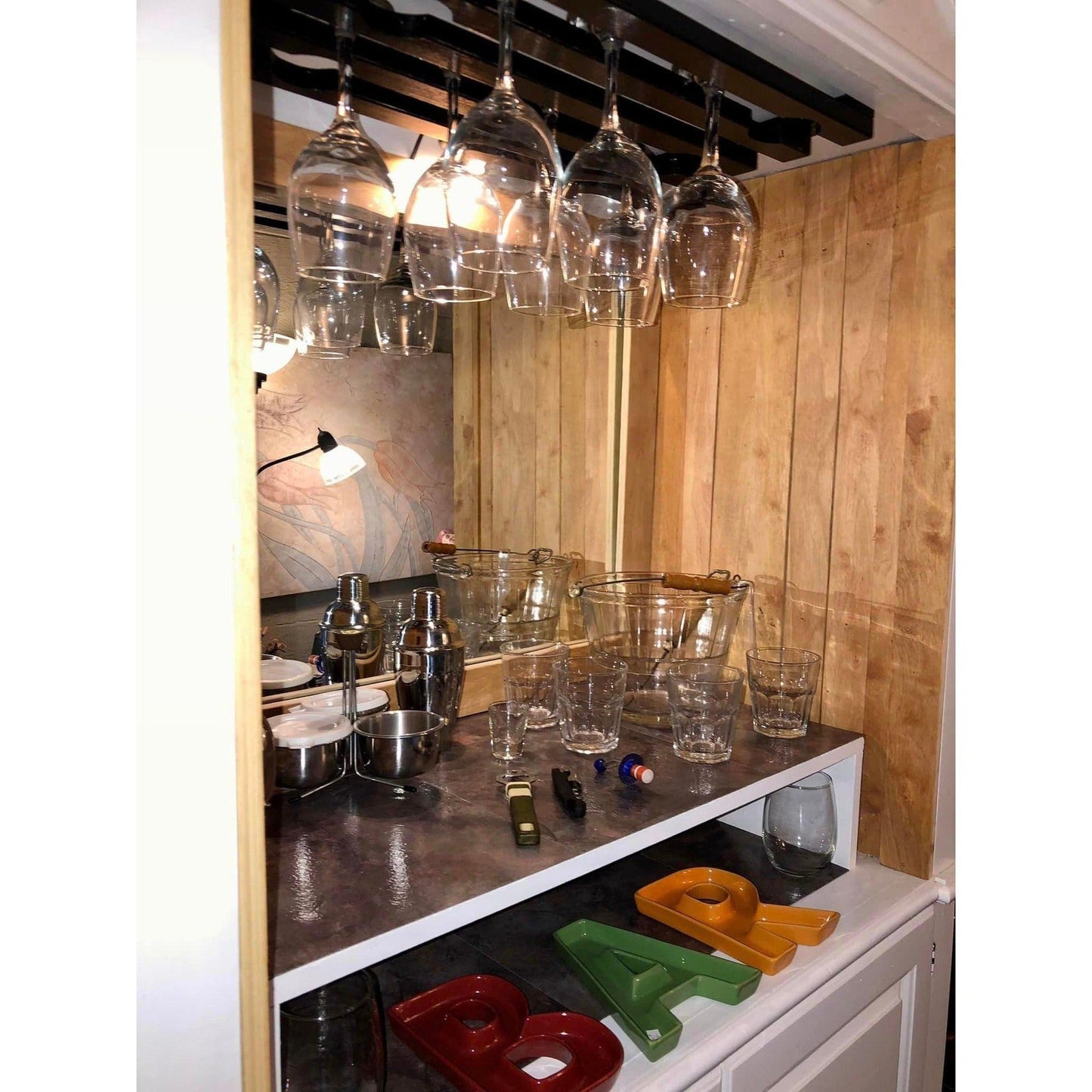 White Wooden Bar Cabinet With Glass Rack & Storage Space