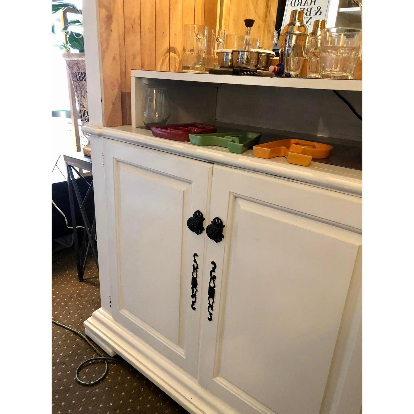 White Wooden Bar Cabinet With Glass Rack & Storage Space