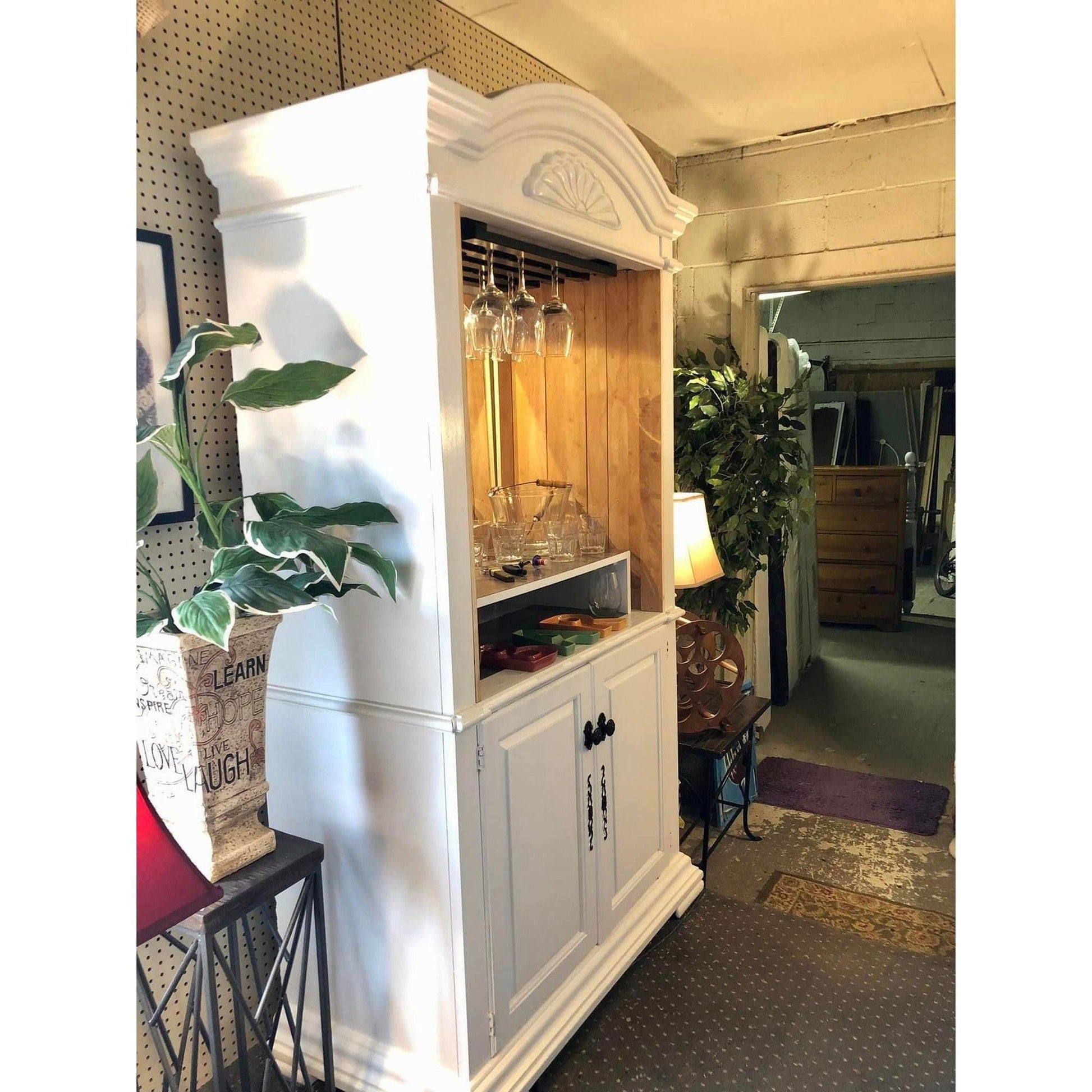 White Wooden Bar Cabinet With Glass Rack & Storage Space
